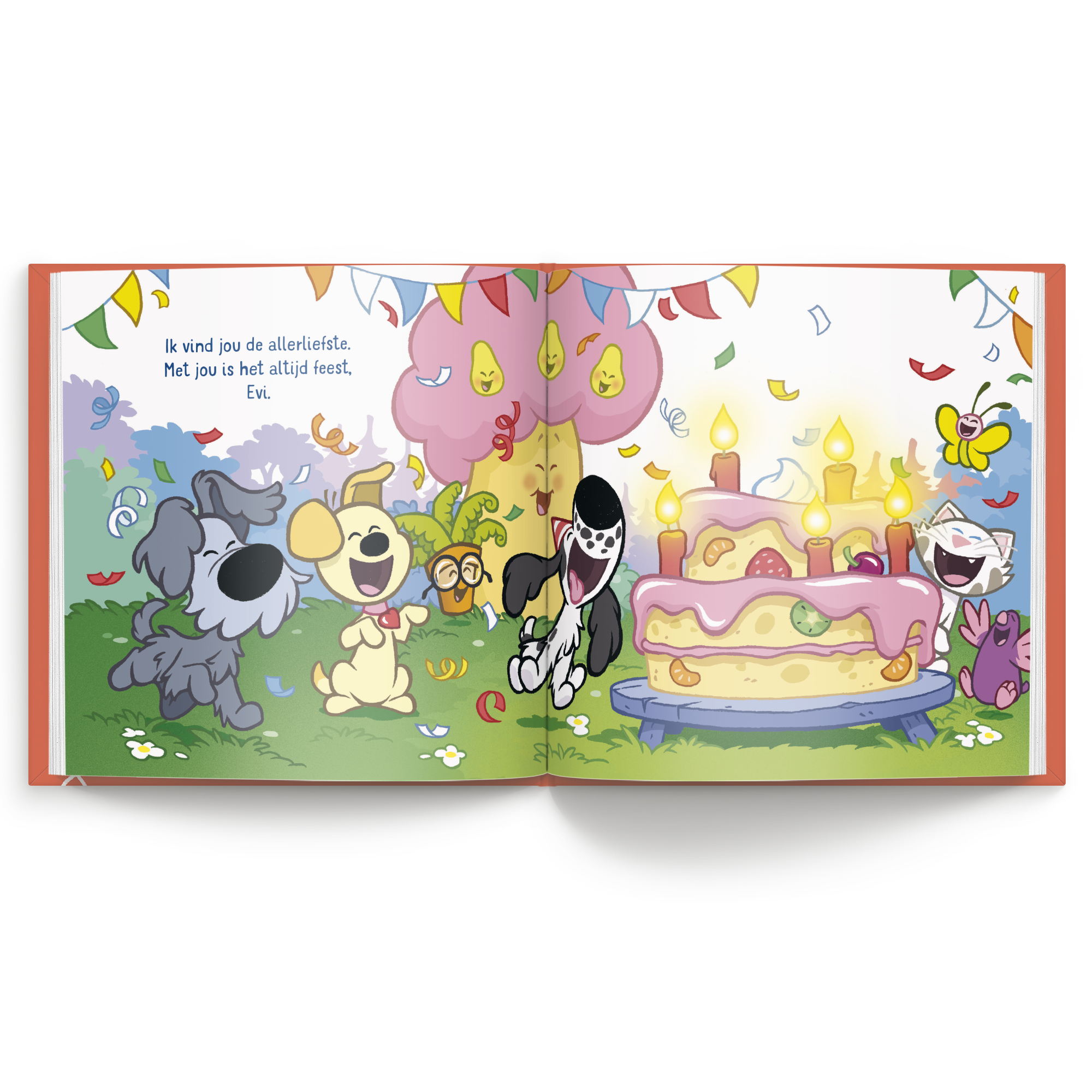 Boek met naam en foto - Woezel & Pip - Jij bent de allerliefste (Hardcover), met gepersonaliseerde naam Evi op een vrolijke feestscène.