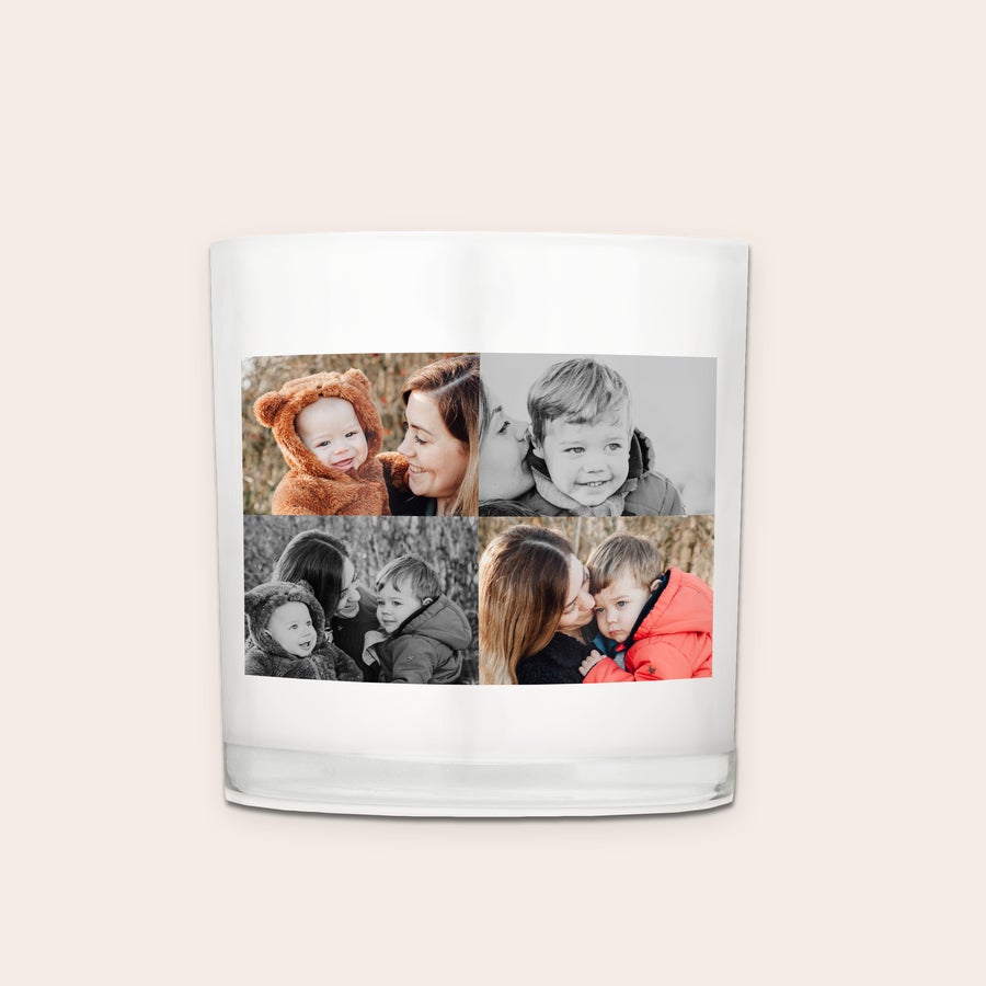 Glaslysestage En personlig lysestage med et fotocollage printet på etiketten, designet med billeder af en mor og to børn.