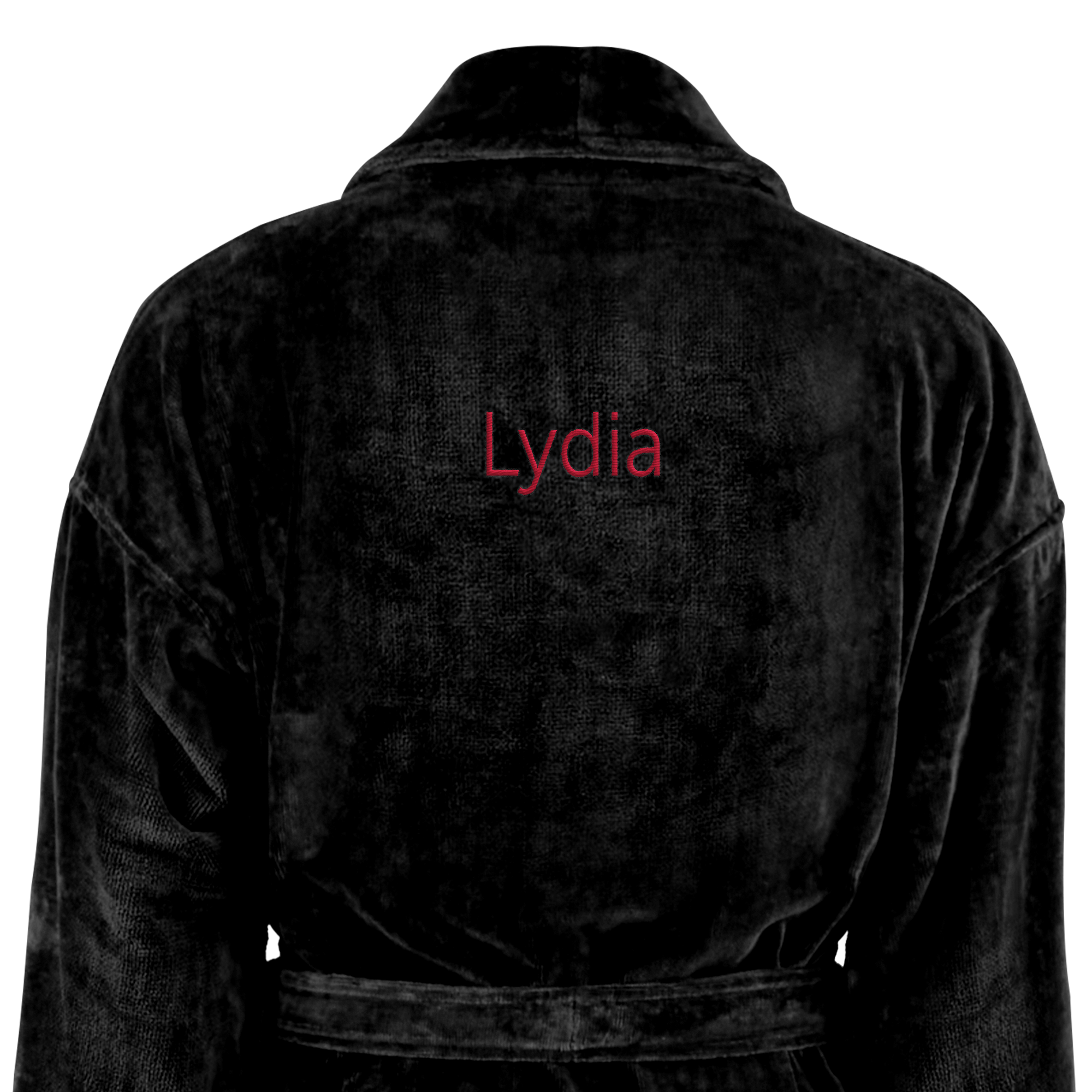 Soft black personalized bathrobe embroidered with the name Lydia in red text