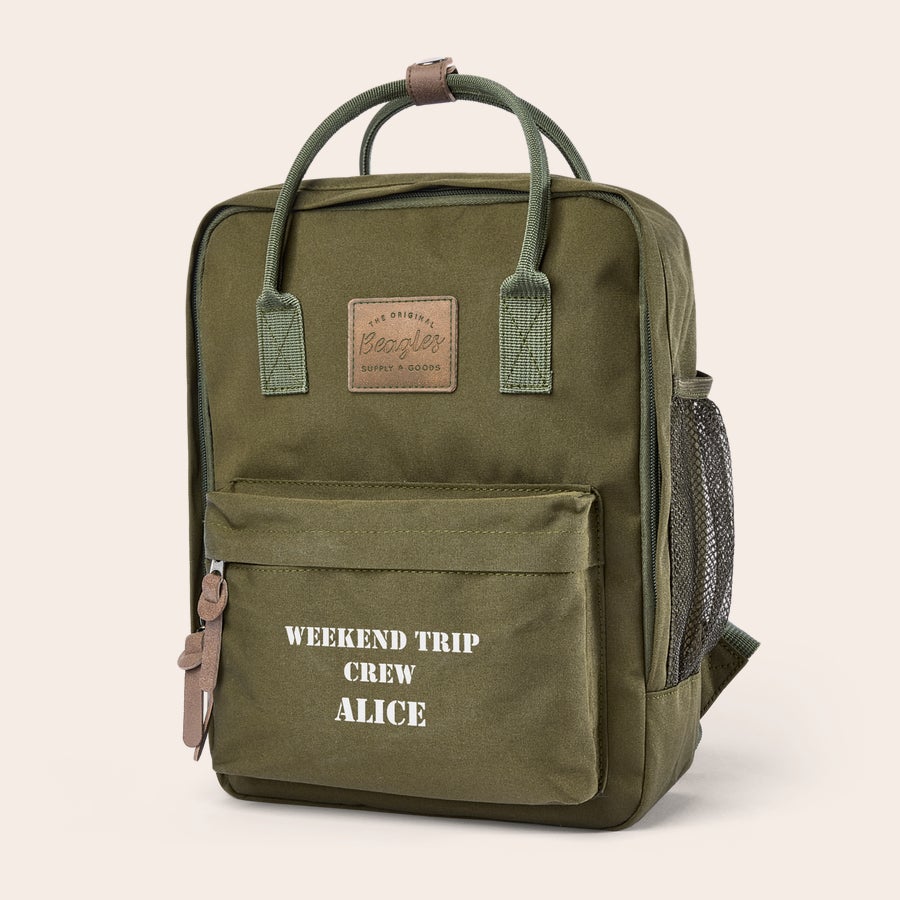 Personalised backpack - Printed A personalized backpack in olive green with the name ALICE and the text WEEKEND TRIP CREW printed on the front pocket