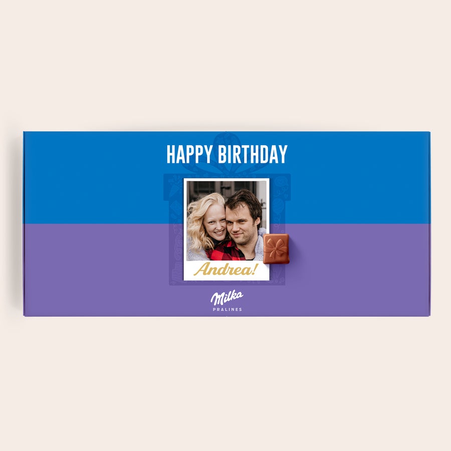 Pralinés de Milka Aniversário Diga feliz aniversário com um presente personalizado de chocolate Milka com foto impressa e nome Andrea