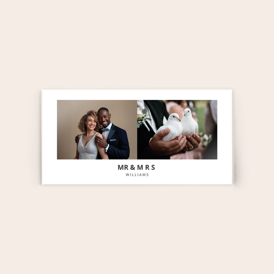 Foto na akryl Fotografia svadobného páru a holubíc vytlačená na akryle s nápisom MR & MRS WILLIAMS. Imortalizujte svoj najpamätnejší moment.