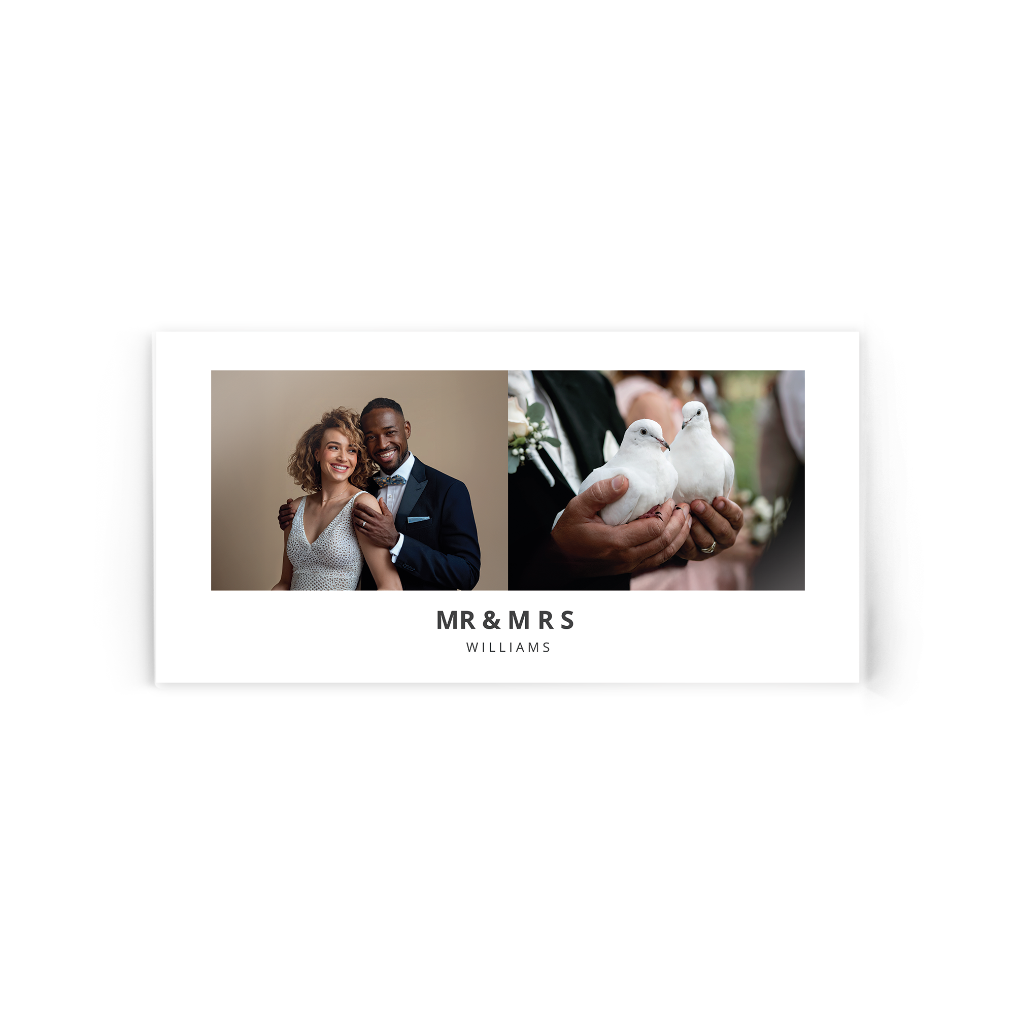 Personalized photo on acrylic printed with a wedding collage of a couple and doves, featuring custom "MR & MRS WILLIAMS" text. Immortalize your most memorable moment.