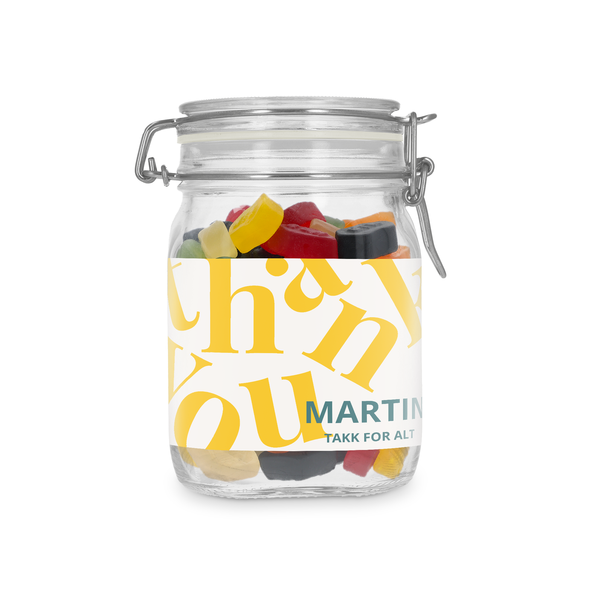 Personlig søt krukke med vingummi, trykt med navn Martin og teksten Takk for alt.