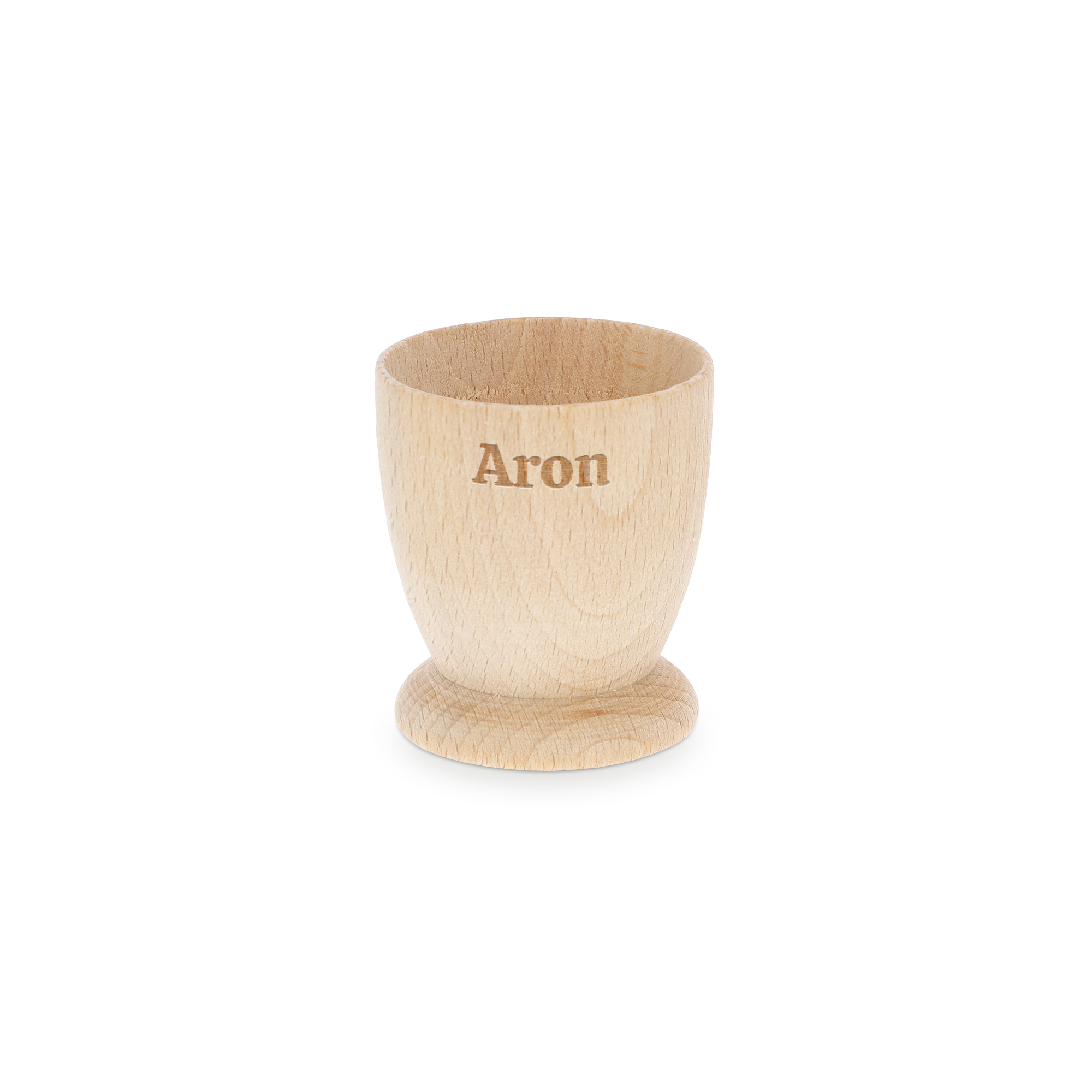 Personlig äggkopp i bokträ, graverad med namnet Aron, för en minnesvärd frukost