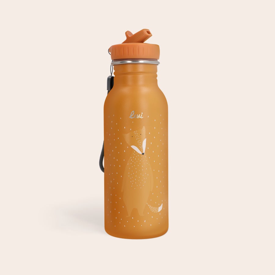 Trinkflasche Kinder mit Namen Braune Trinkflasche mit Fuchsmotiv und kleinem Punktmuster, mit Namen Levi lasergraviert