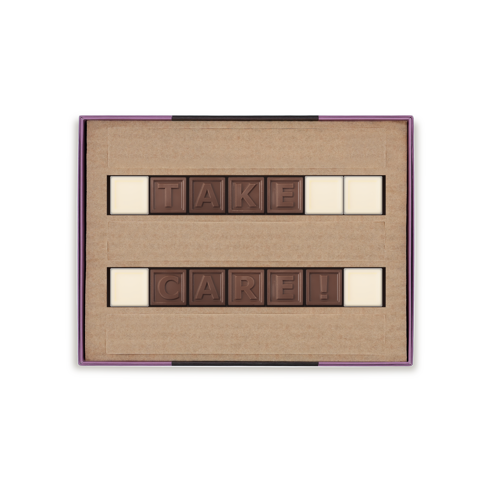 Et personligt chokolade-telegram der staver "TAKE CARE!" i mælkechokolade og hvid chokolade i en gaveæske.