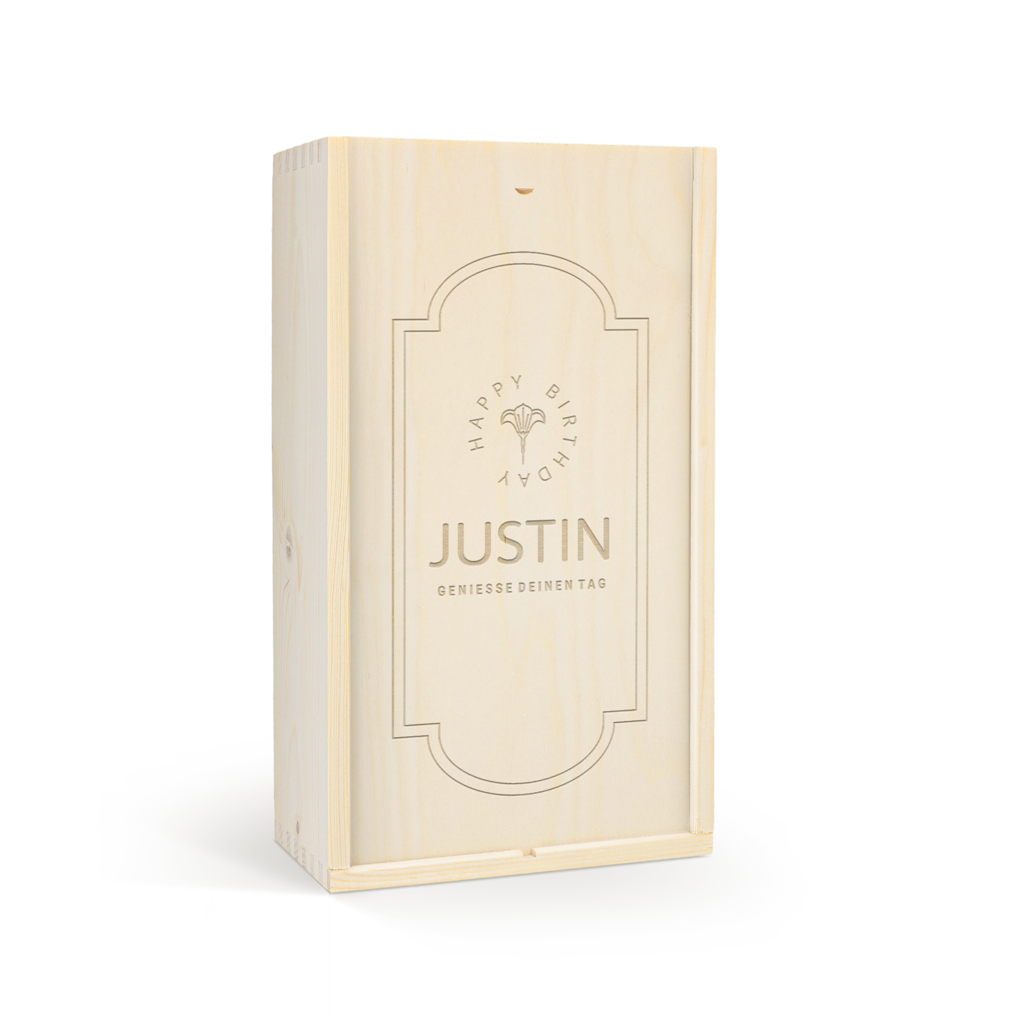 Edle Weinkiste für 2 Flaschen aus hellem Holz mit Gravur "Happy Birthday Justin genieße deinen Tag"
