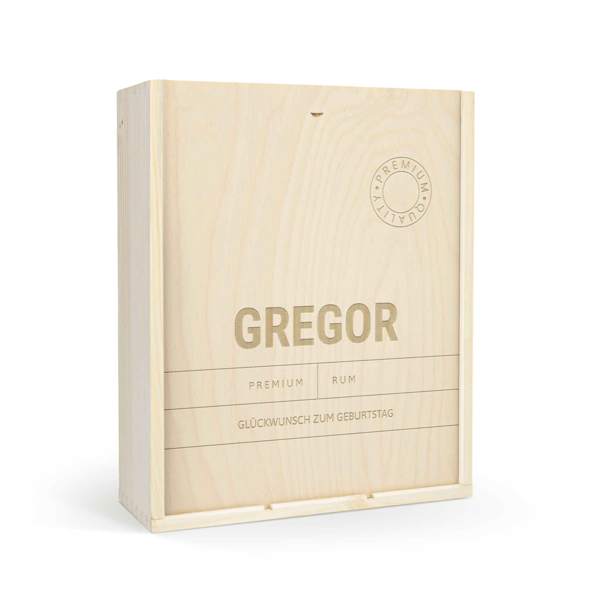 Edle Weinkiste für 3 Flaschen, helles Holz, mit dem Namen GREGOR und GLÜCKWUNSCH ZUM GEBURTSTAG graviert