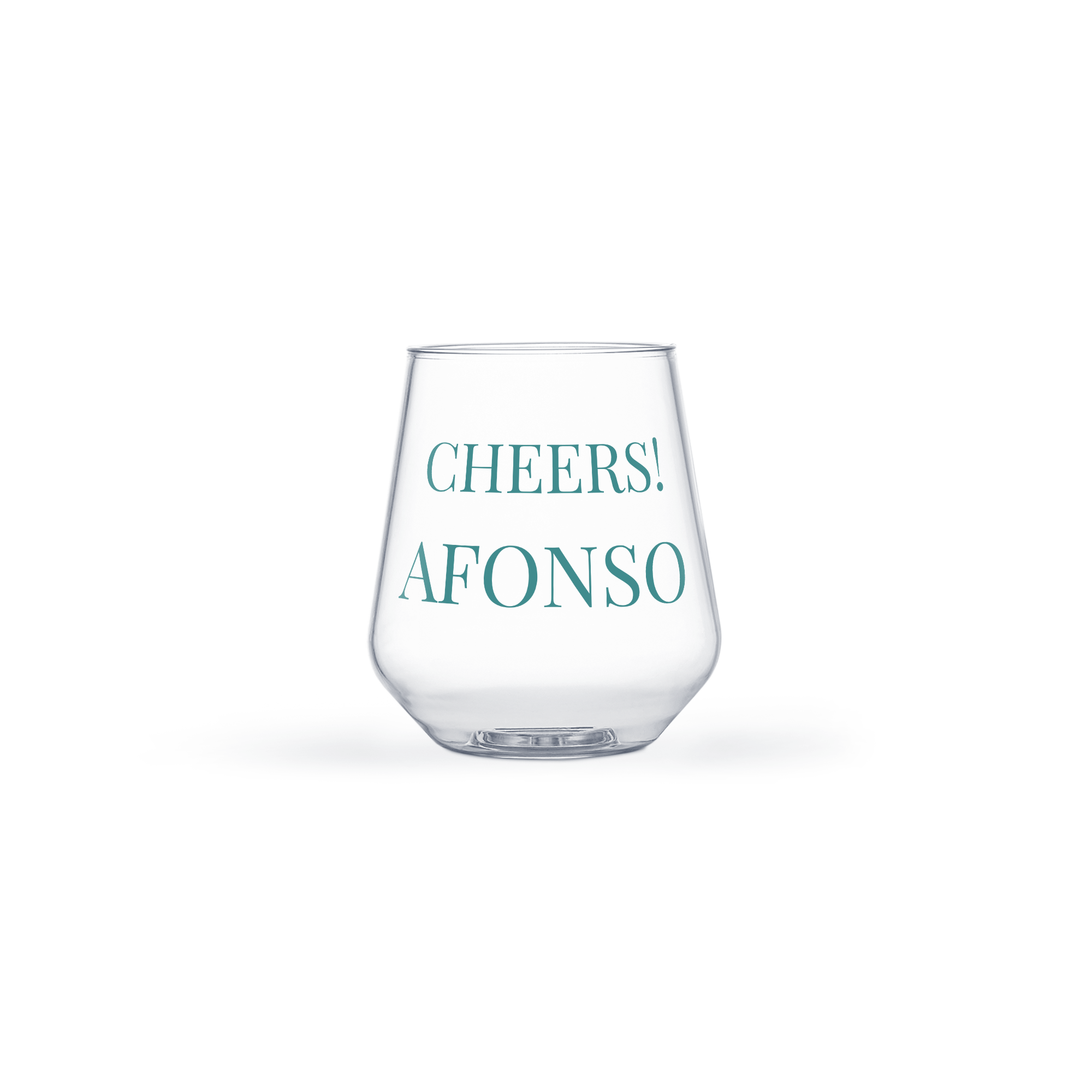 Copo de água para piquenique, transparente, personalizado com o texto "Cheers! Afonso" em azul turquesa