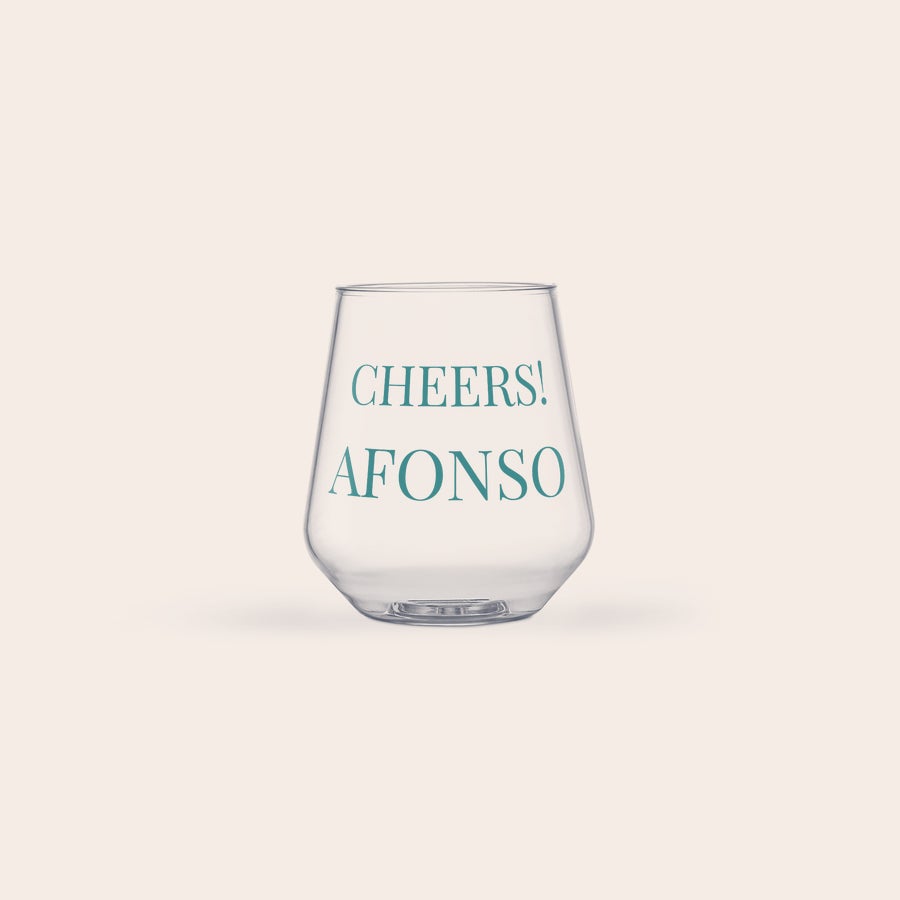 Copo de Água Estampado Copo de água para piquenique, transparente, personalizado com o texto "Cheers! Afonso" em azul turquesa