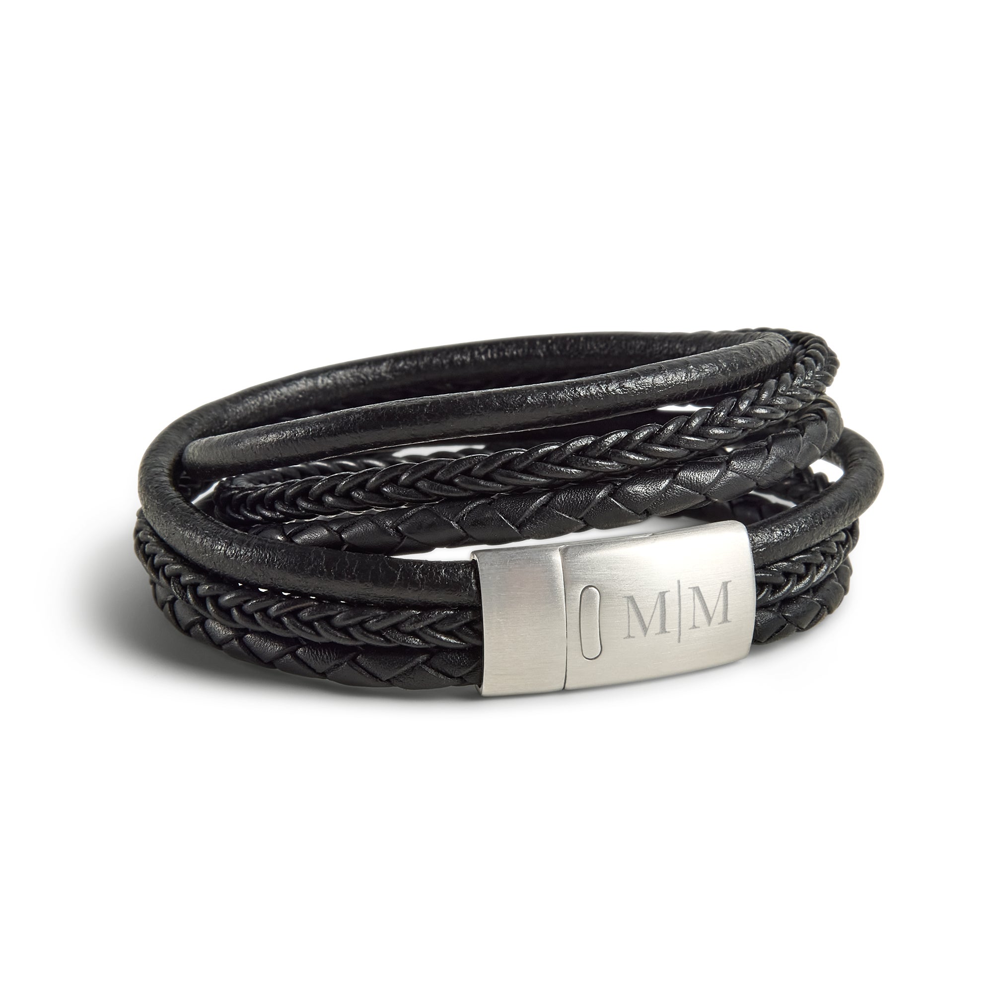 Luxurious double leather bracelet with engraving - Men - Black - L