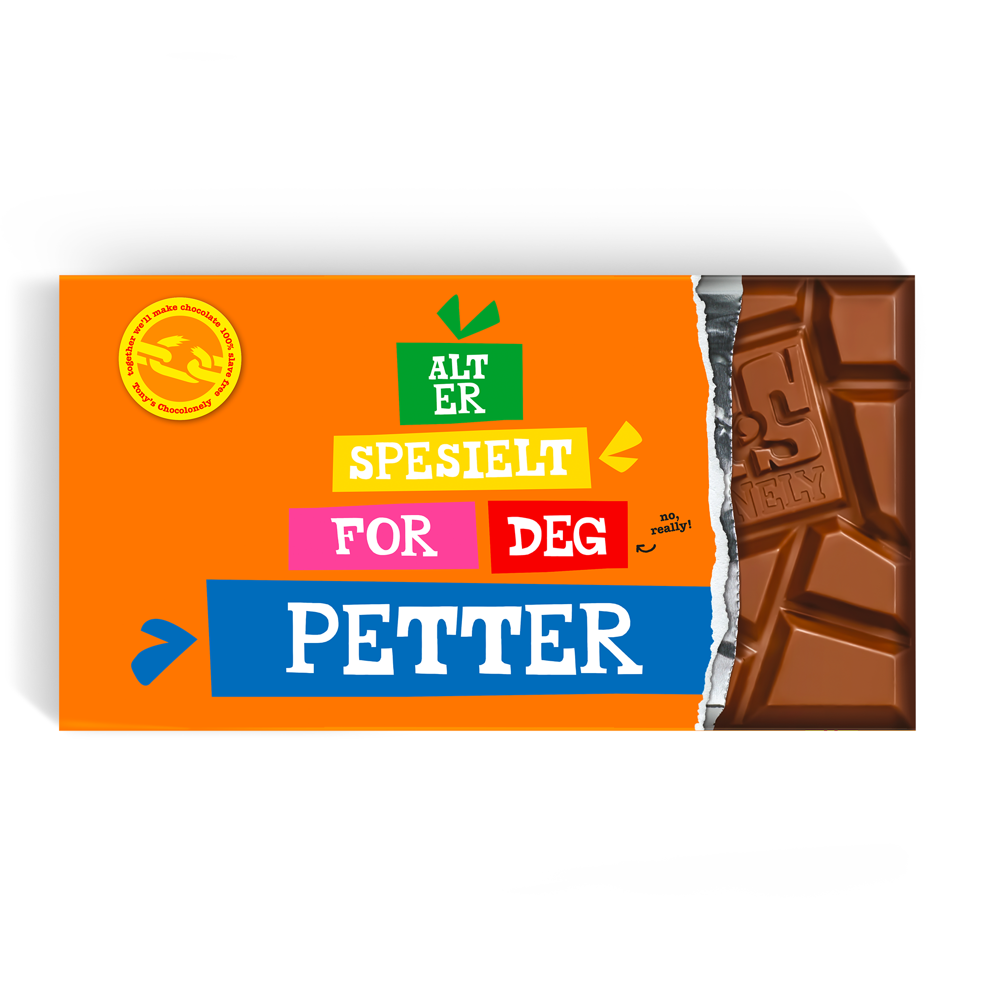 XL Tony's Chocolonely-sjokolade med et oransje omslag trykt med teksten "ALT ER SPESIELT FOR DEG PETTER".