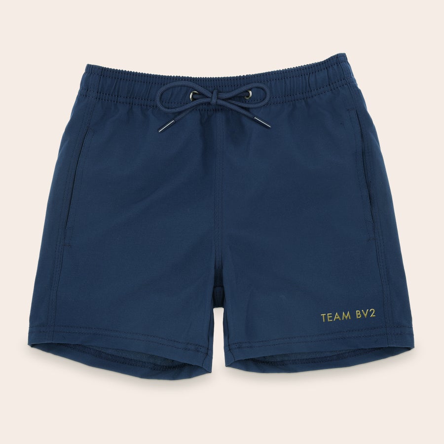 Personalisierte  badeshorts herren Dunkelblaue personalisierte Schwimmshorts für Herren mit goldener Bestickung "TEAM BV2"