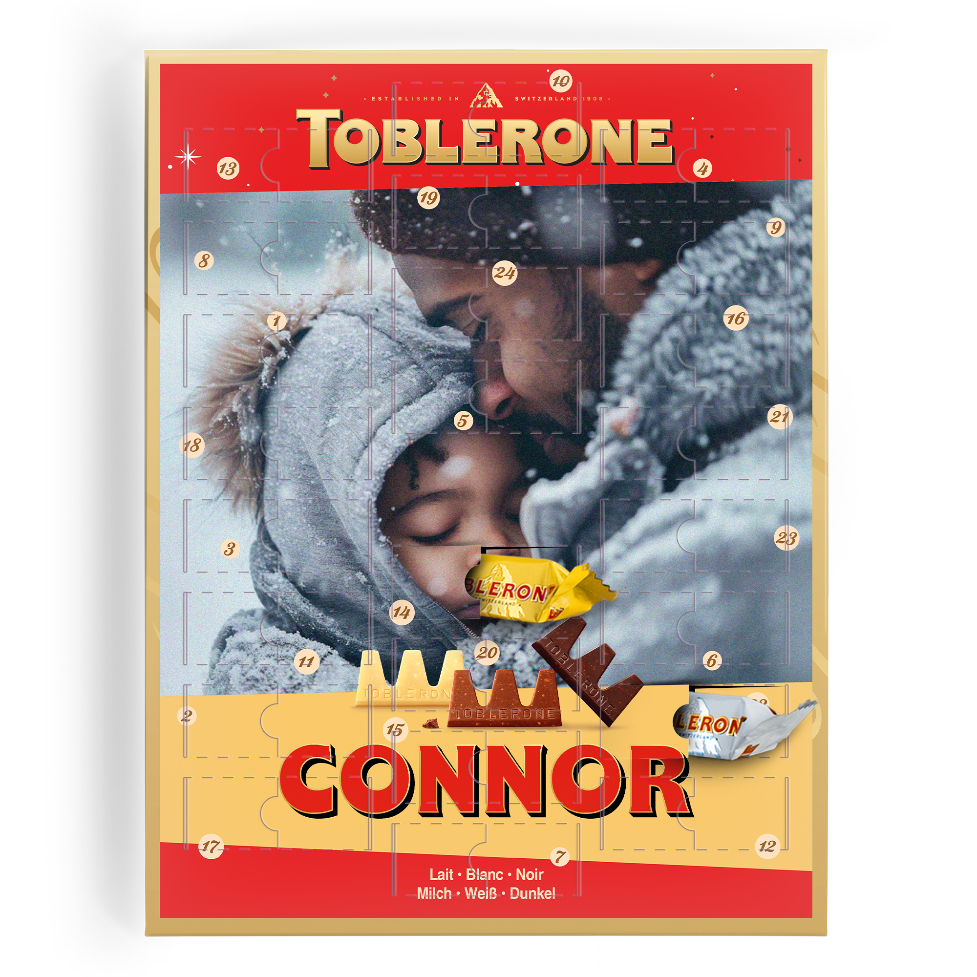 Prilagojen adventni koledar Toblerone s fotografijo očeta in otroka ter imenom Connor, napolnjen s čokoladicami.