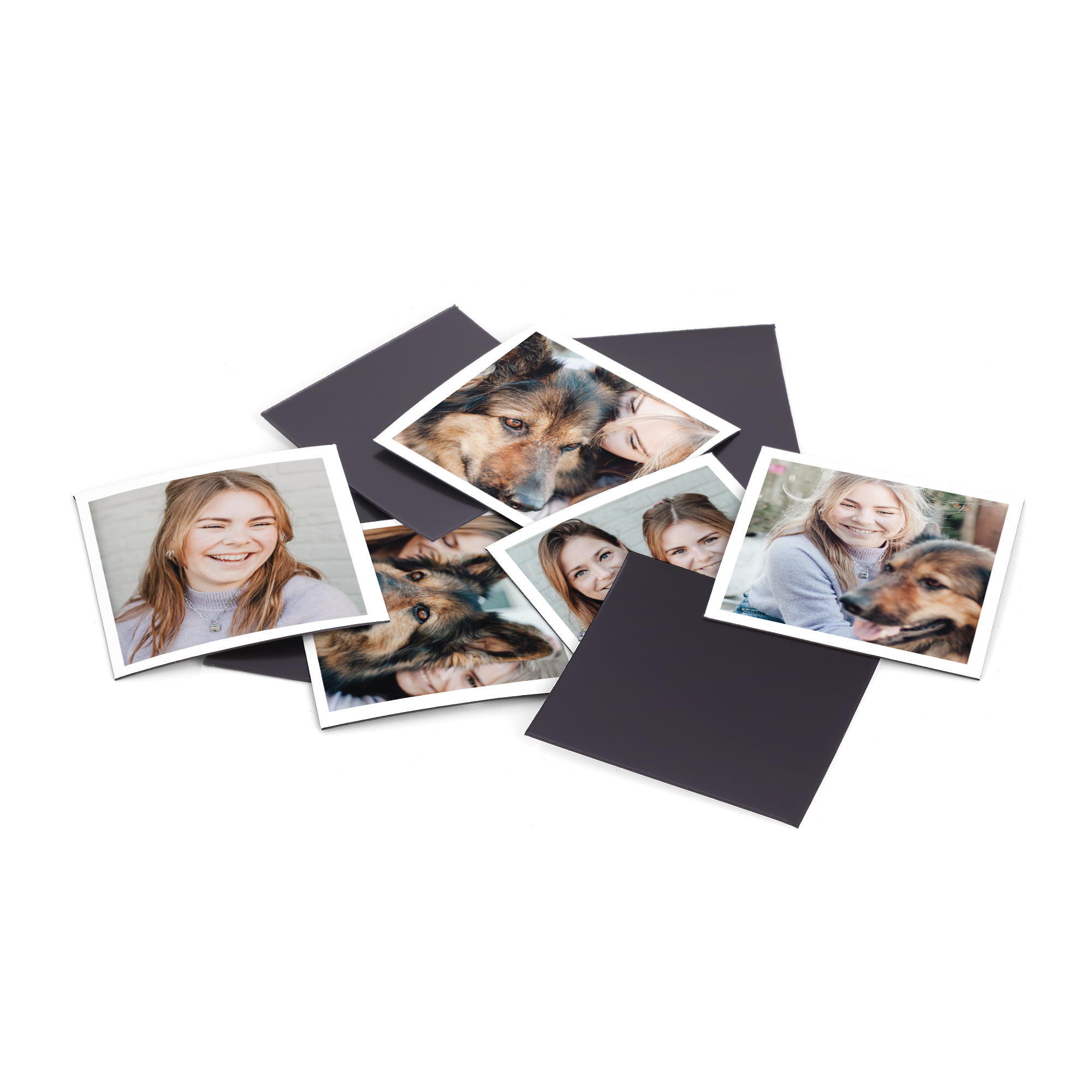 Personlige foto magneter med forskellige billeder af smilende kvinder og hunde, trykt med egne designs
