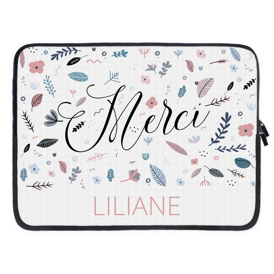 Housse ordinateur personnalisée avec photo imprimée du mot Merci et du prénom Liliane, décor floral