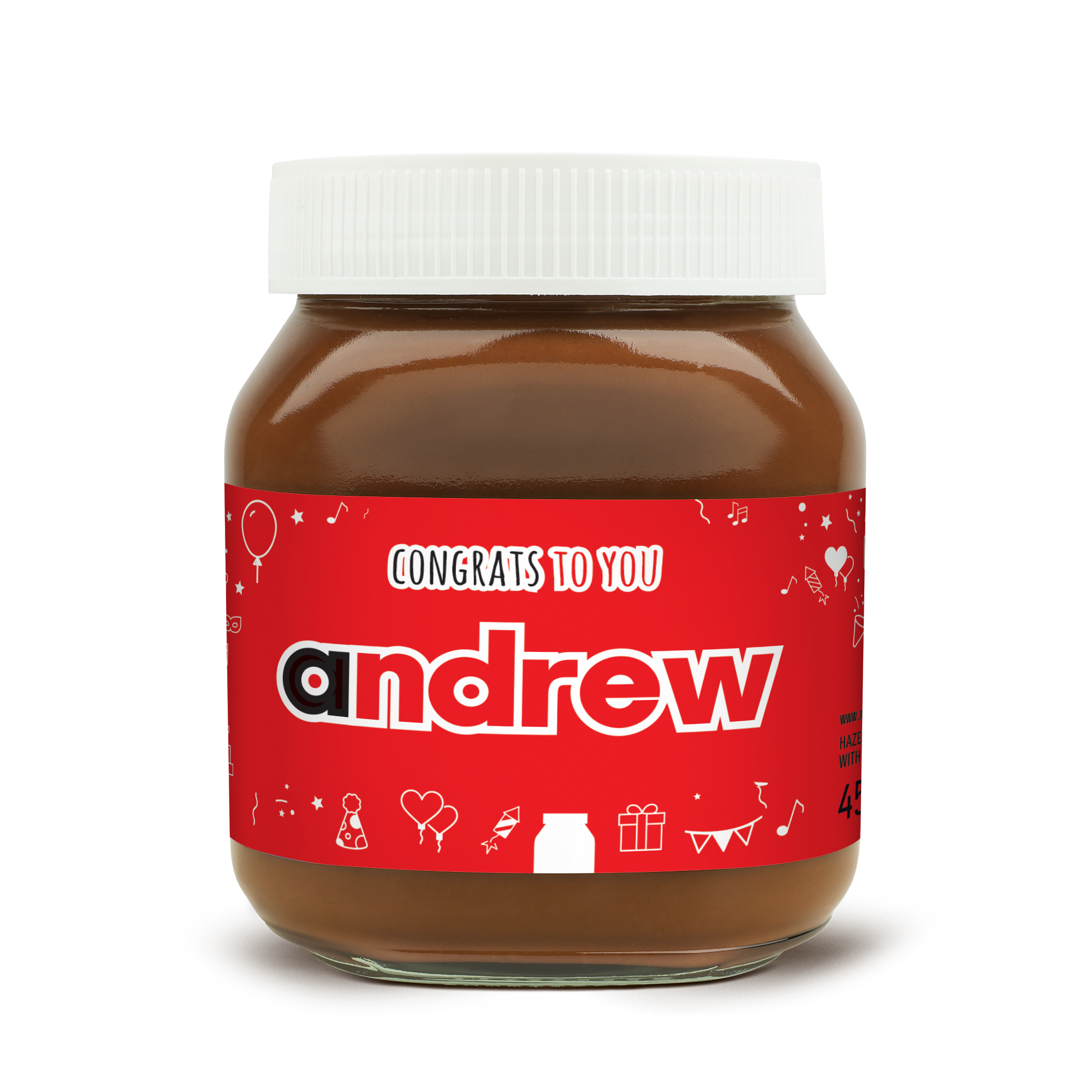 Personalised Nutella jar 450 gr Original with a custom label reading Congrats to you Andrew and celebration designs