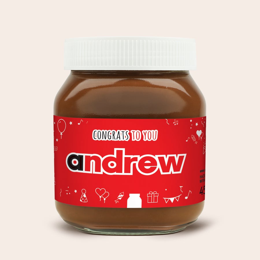 Personalised nutella® jar Personalised Nutella jar 450 gr Original with a custom label reading Congrats to you Andrew and celebration designs