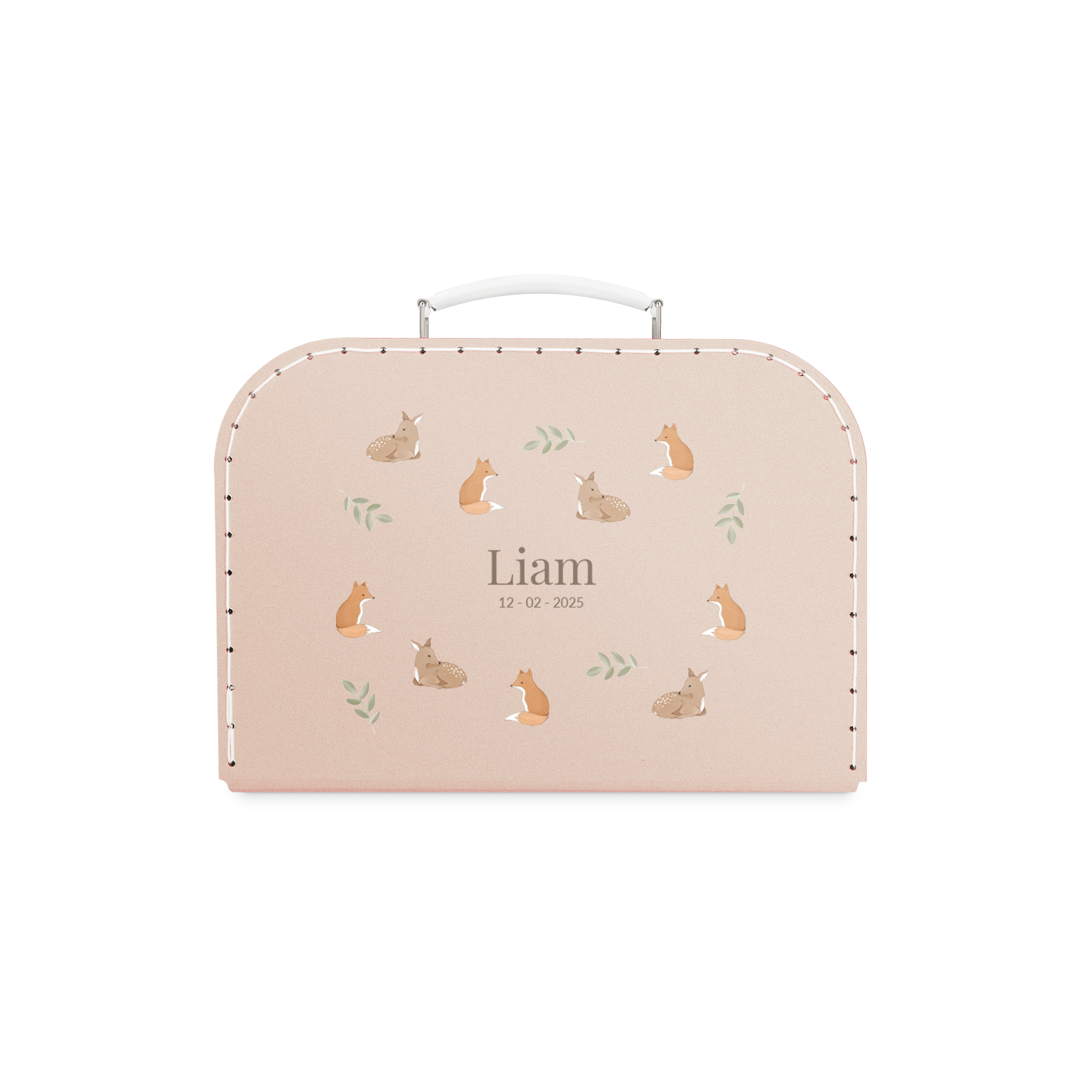 Valisette enfant personnalisable - Rose - Medium avec le prénom Liam et la date 12-02-2025 imprimés au centre, entourés de motifs de renards et de biches
