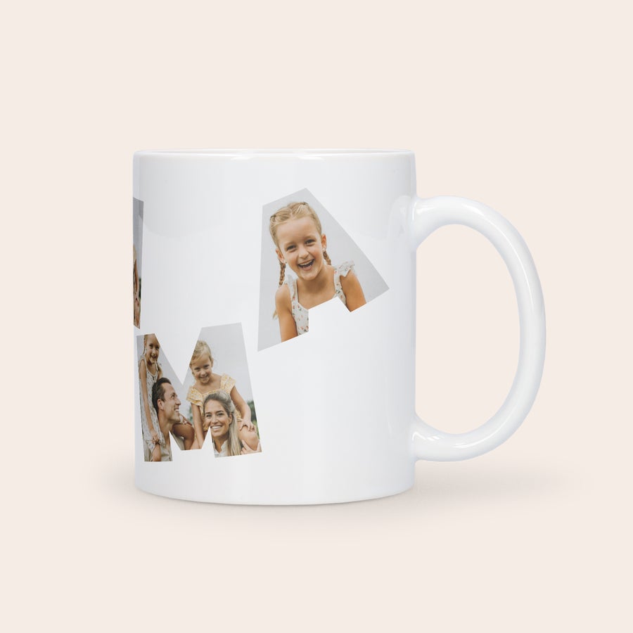 Mugg med foto - Mors dag Personlig mors dag mugg med foto där bokstäverna M-A-M-M-A bildas av utskurna bilder av familjemedlemmar, tryckt med egna foton.