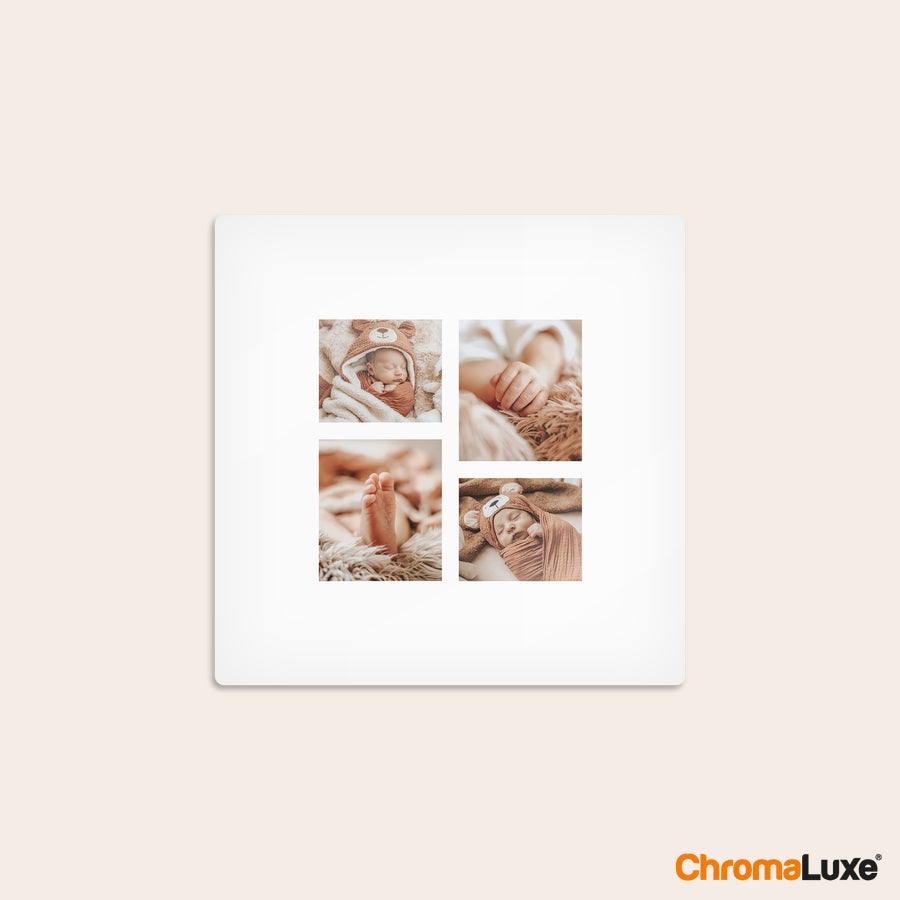 Hliníkové fotografie - bílá (Chromaluxe) Chromaluxe hliníkový panel s natištěnou koláží čtyř fotografií zachycujících miminko v různých pózách