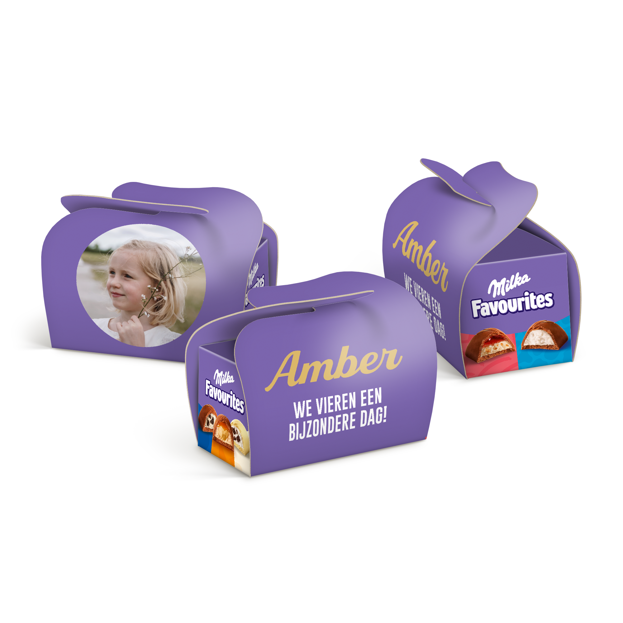 Paarse Milka Favourites chocolade doosjes bedrukt met eigen foto, naam Amber en tekst