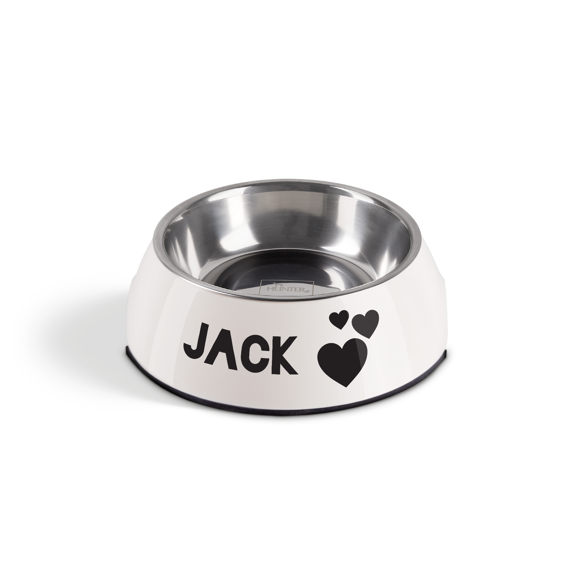 Vas de hrănire personalizat alb, cu bol interior detașabil din oțel inoxidabil, imprimat cu numele Jack și trei inimi negre.