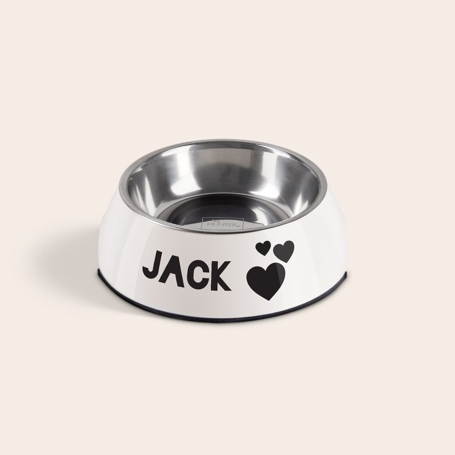 Hunde madskål Personlig madskål til hund i hvid melamin og stål, med navn "JACK" og hjerter trykt på siden. Din hund vil helt sikkert spise al sin mad.