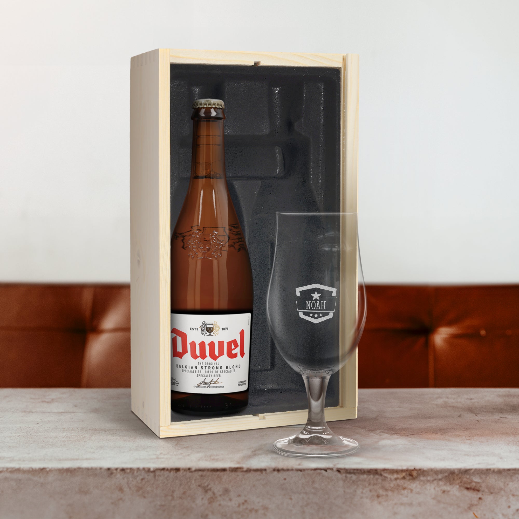 Fars dag øl gaveæske med indgraveret glas - Duvel