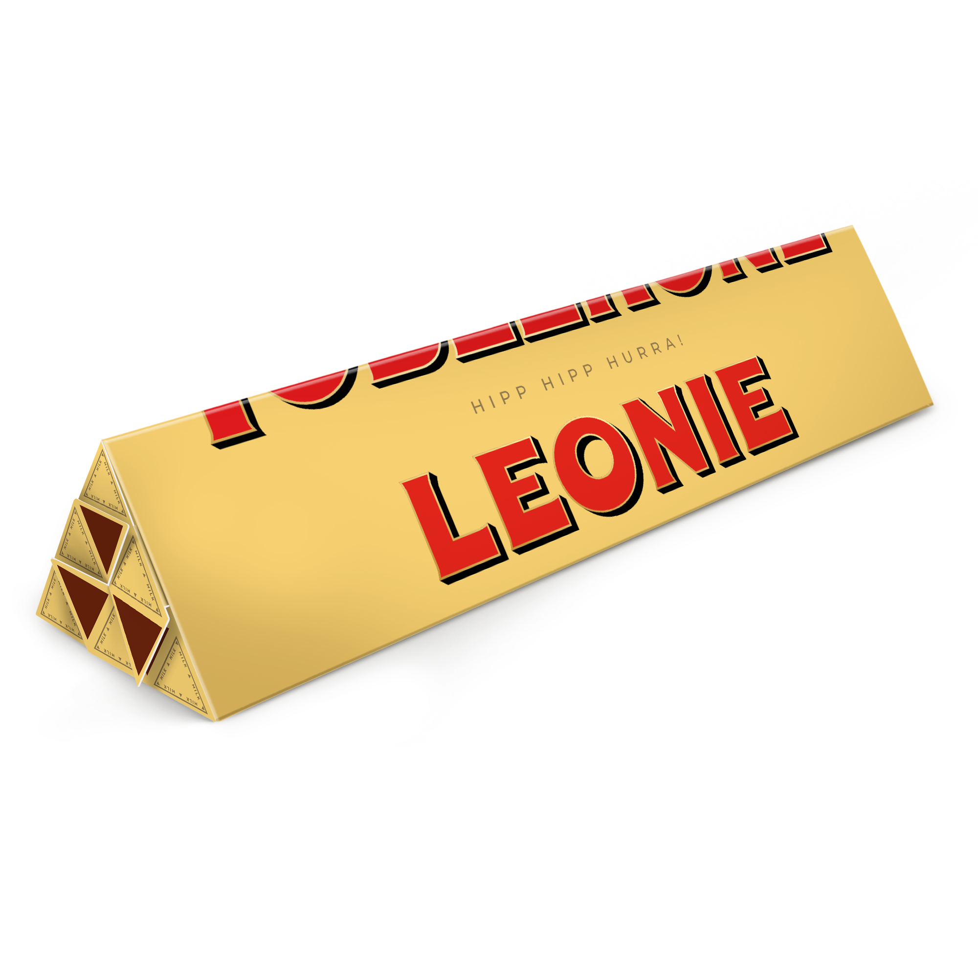 Eine große Toblerone Schokolade 3600 Gramm mit bedrucktem Namen Leonie. Ideal um Toblerone personalisieren zu lassen.