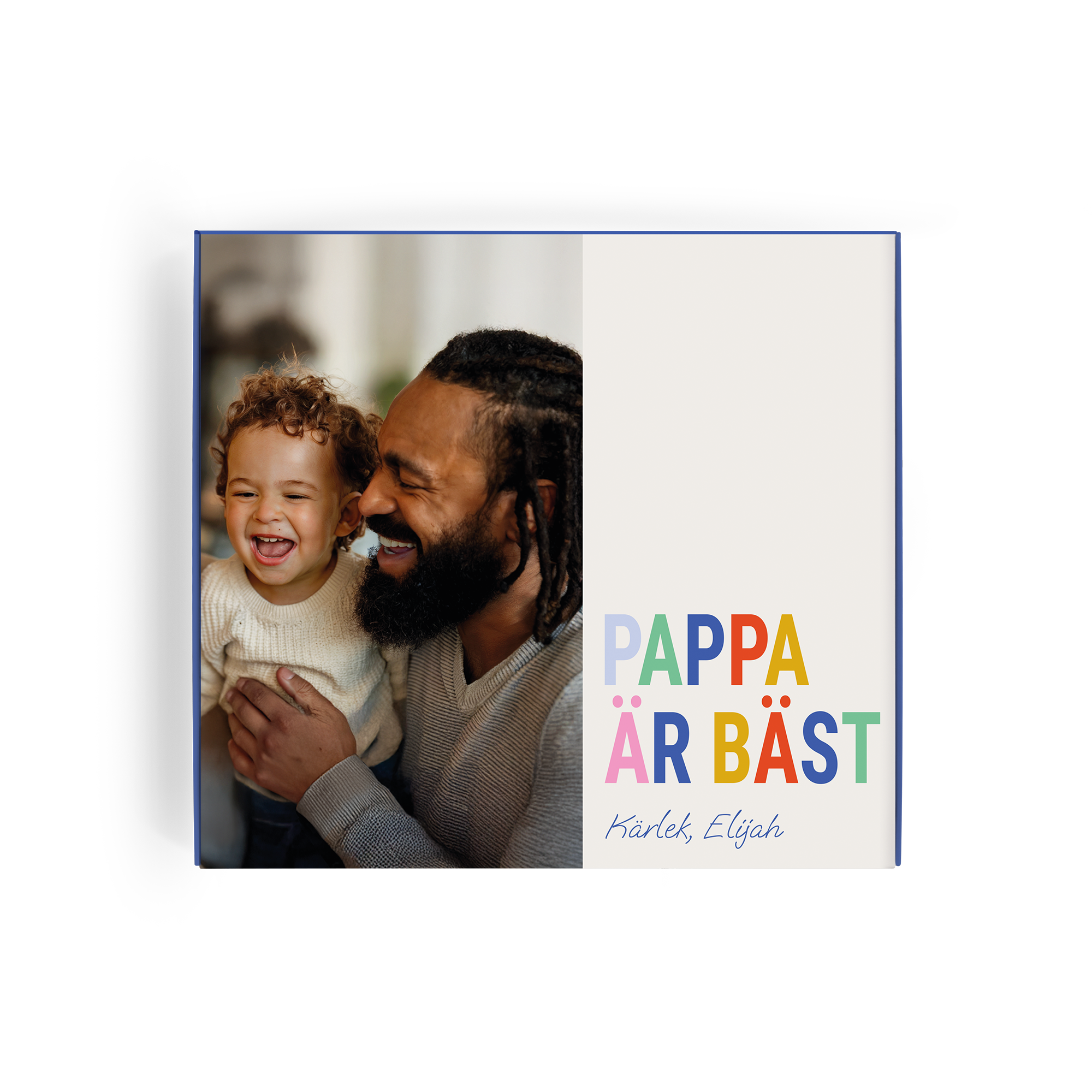 Personaliserad strump-presentlåda – 2 par strumpor – 43/46 med personligt foto och texten Pappa är bäst.