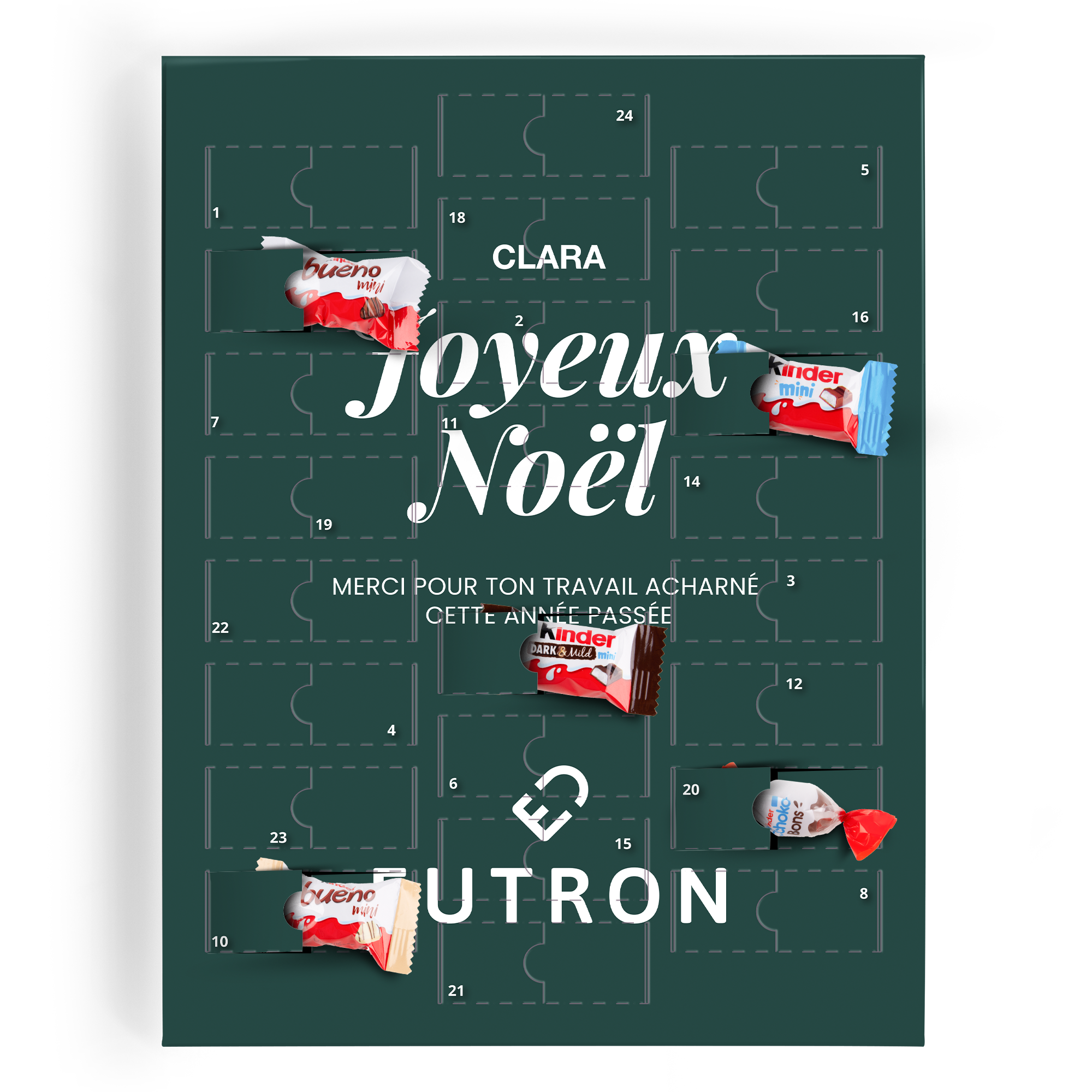 Calendrier de compte à rebours chocolat Kinder personnalisé, imprimé avec les noms CLARA et UTRON et le message Joyeux Noël.