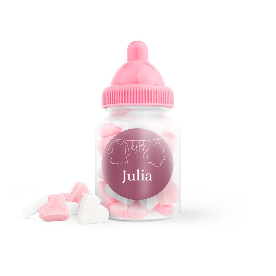 Heart-shaped sweets in baby bottle (pink) - set of 80