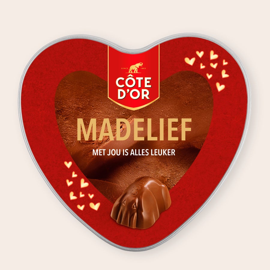 Cadeaublik bedrukken - Mini Bouchée Côte d’Or Mini Bouchée Chocolade Box met naam - Hart, rode hartvormige doos met gepersonaliseerde tekst.
