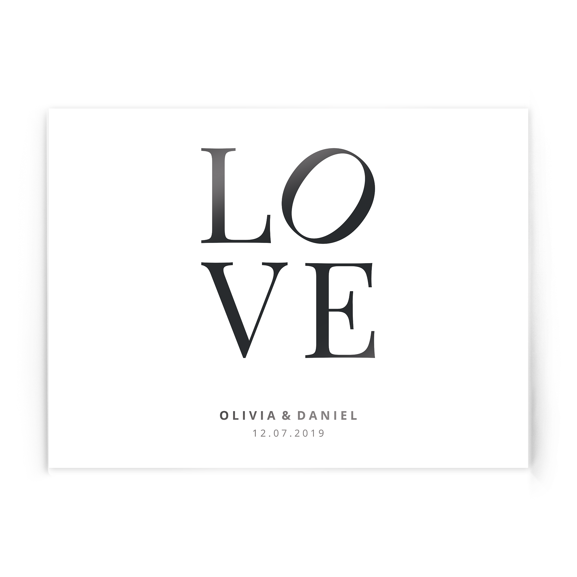 Photo on acrylic showing the word LOVE and names Olivia & Daniel with a custom date, immortalize your most memorable moment