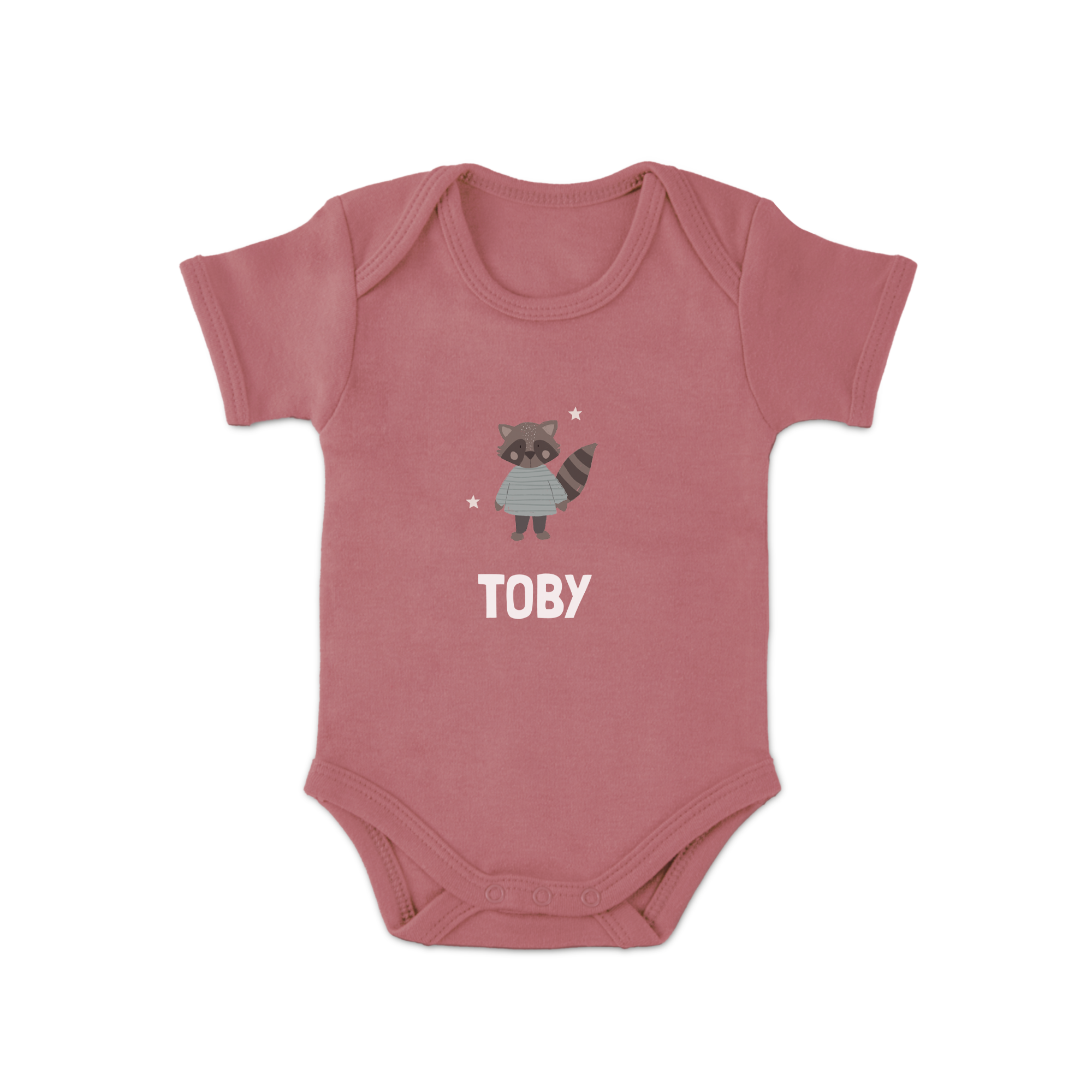 Salopetă roz imprimată cu un raton drăguț, steluțe albe și numele personalizat TOBY, o idee grozavă pentru a surprinde proaspeții părinți.