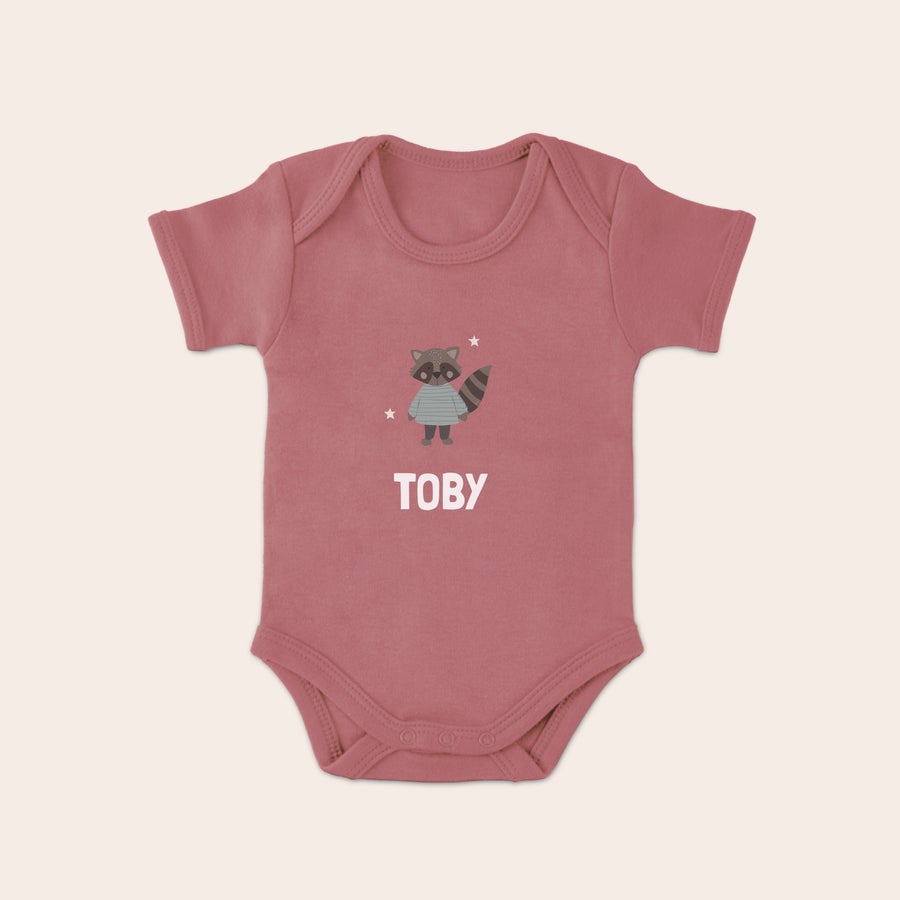 Body Personalizzato per Neonati Body rosa personalizzato per neonato con grafica di procione, stelle e nome Toby stampato