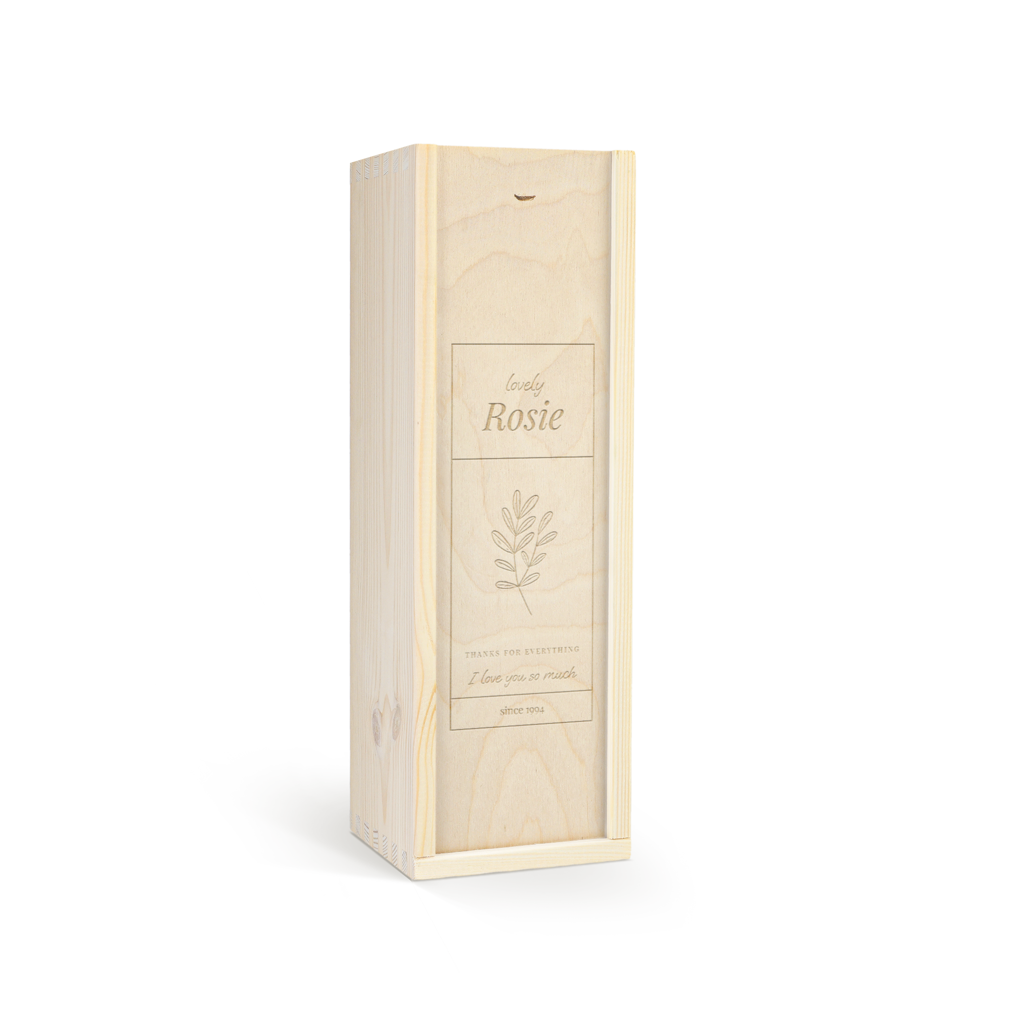 Caixa de madeira gravada personalizada com "lovely Rosie", um raminho e "since 1994"