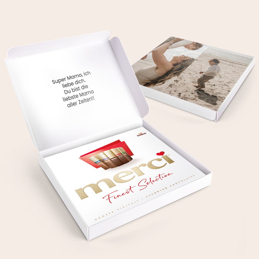 Merci Schokolade Personalisieren- 250 Gramm Personalisierbare Merci Schokolade 250 Gramm mit eigenem Foto auf der Banderole und Text