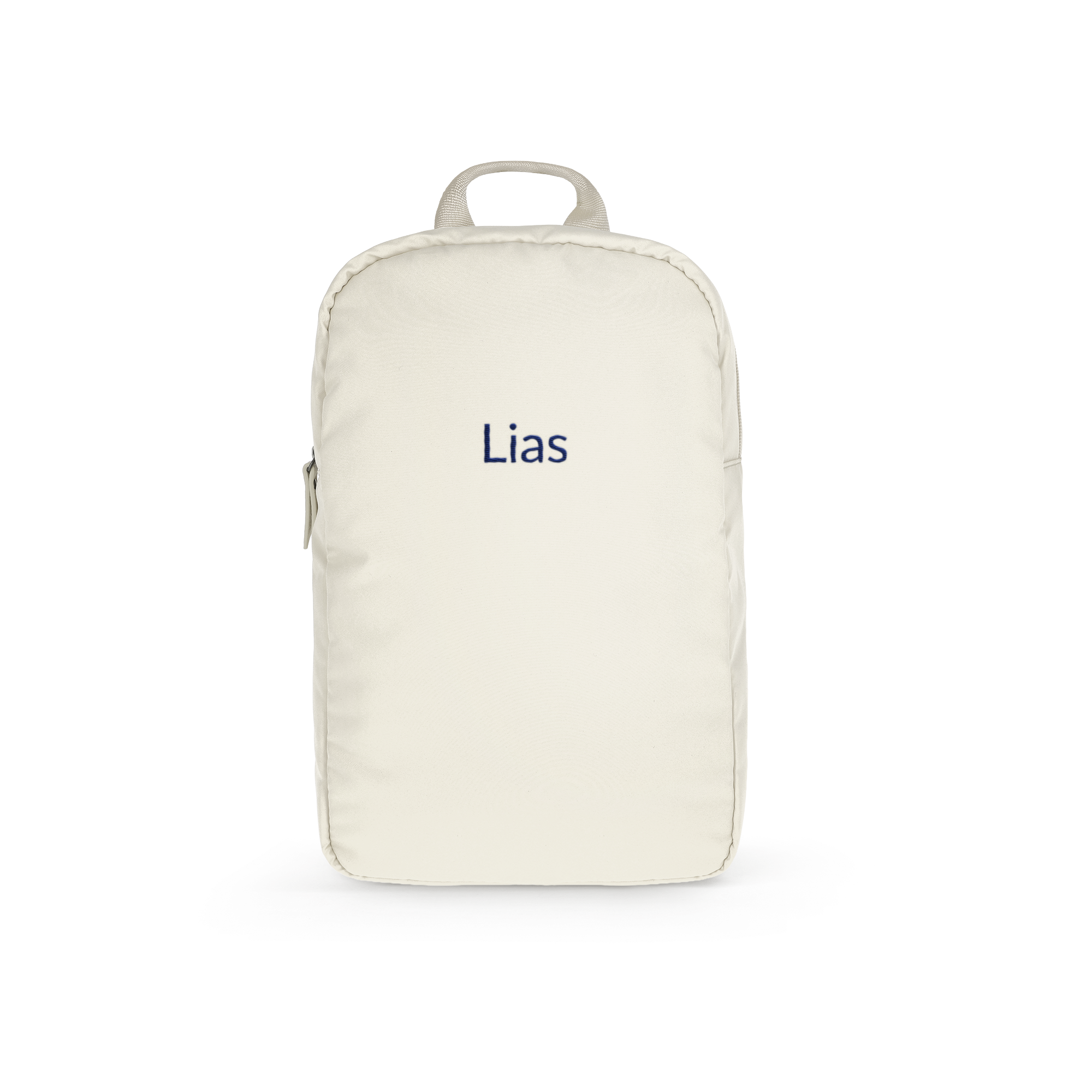Personalisierter Puffer Rucksack für Kinder in Beige, bestickt mit dem Namen Lias.