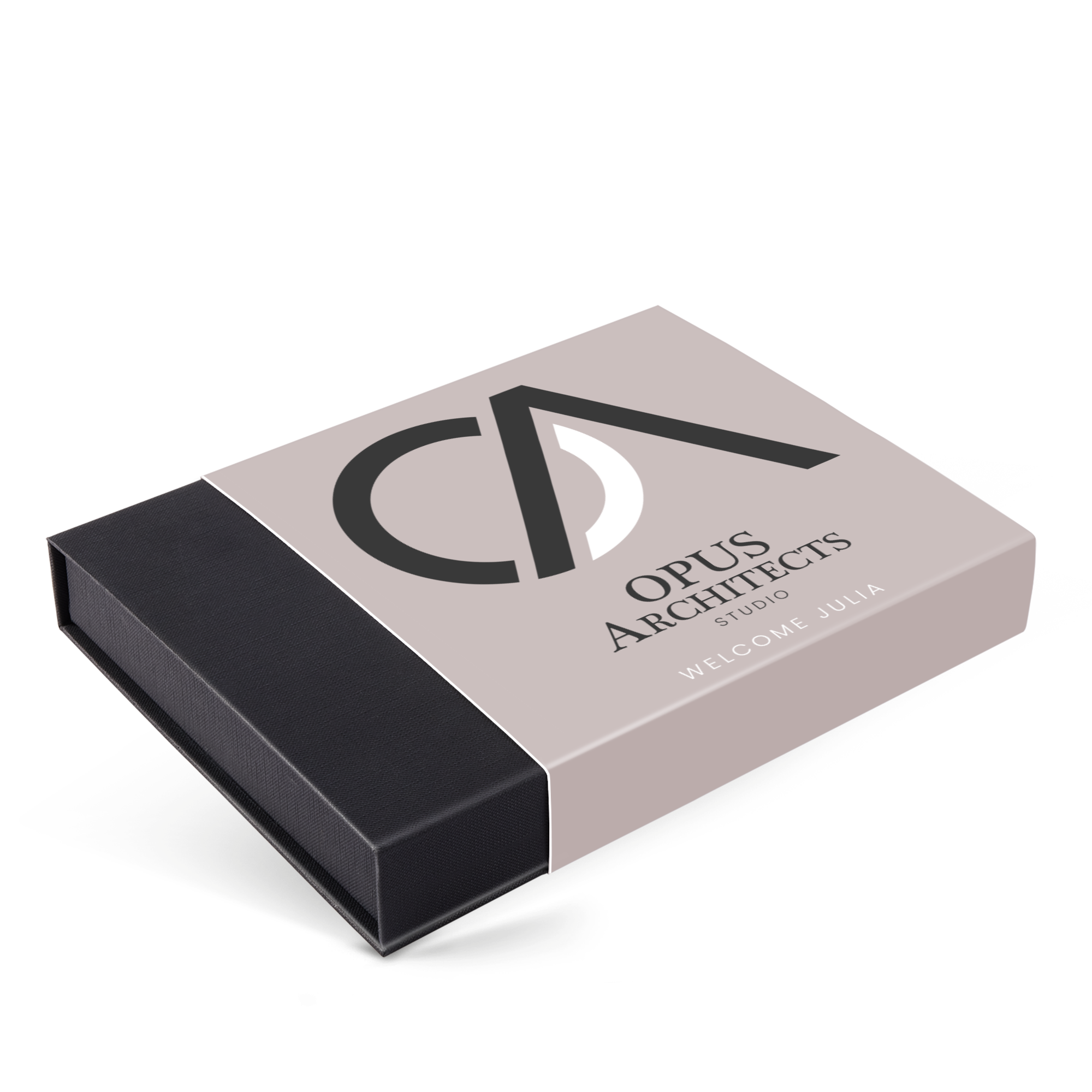 Personalized Valentine's Day chocolates in a box with a custom printed sleeve displaying "Opus Architects Studio Welcome Julia"
