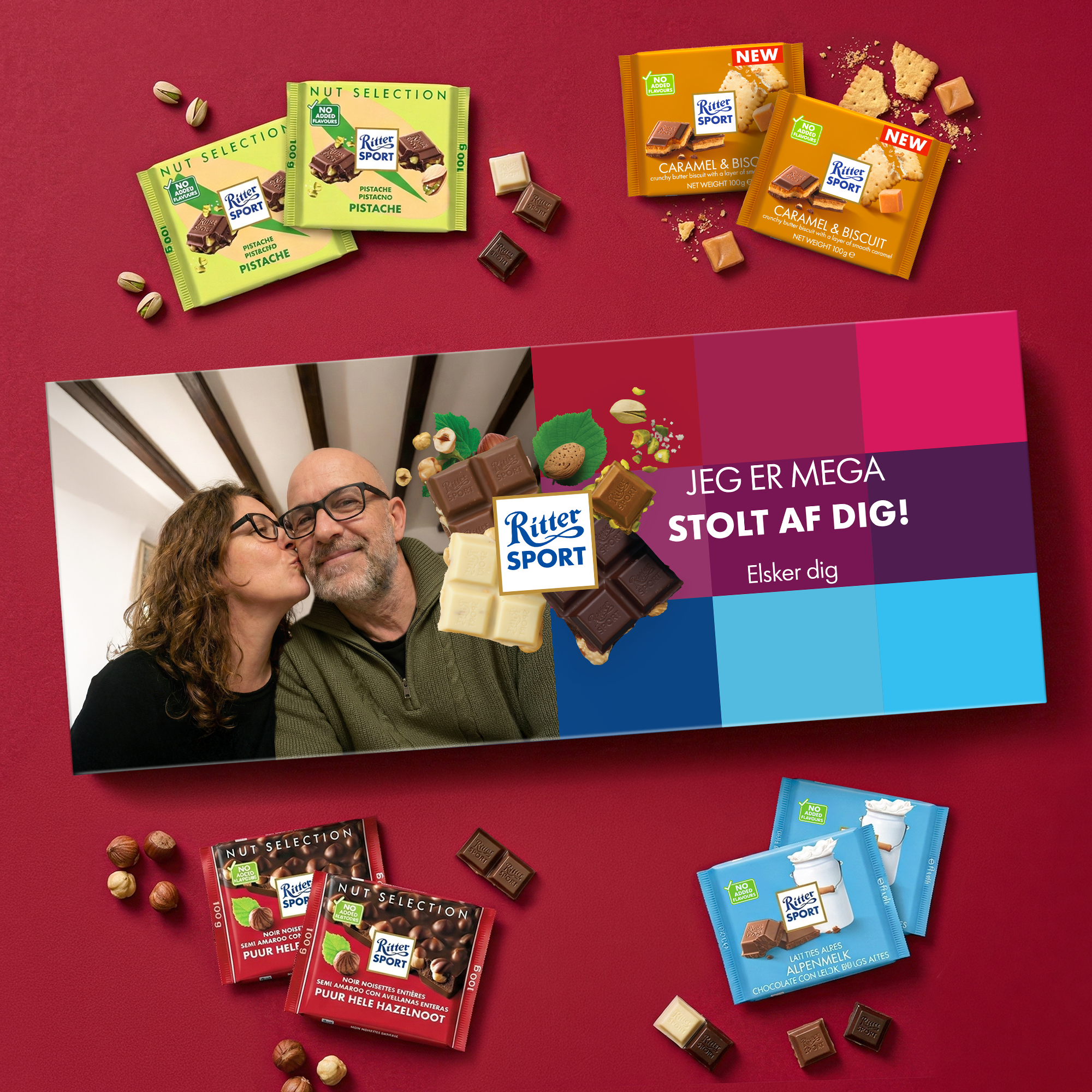 Personaliseret Mega Ritter Sport chokoladebar 8 barer med trykt foto og personlig hilsen