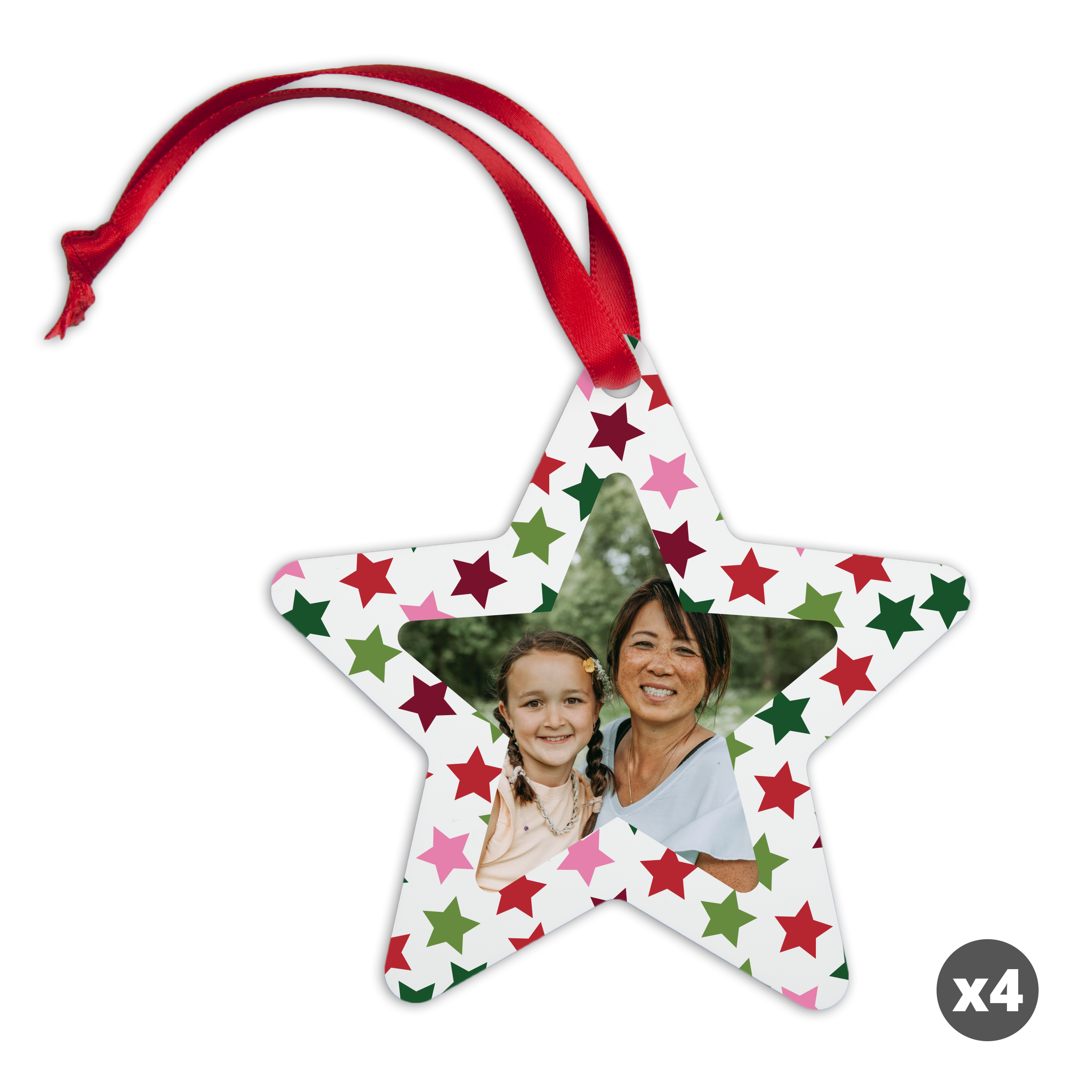 Personalized aluminium Christmas star ornament with a printed photo of a woman and child and red ribbon.