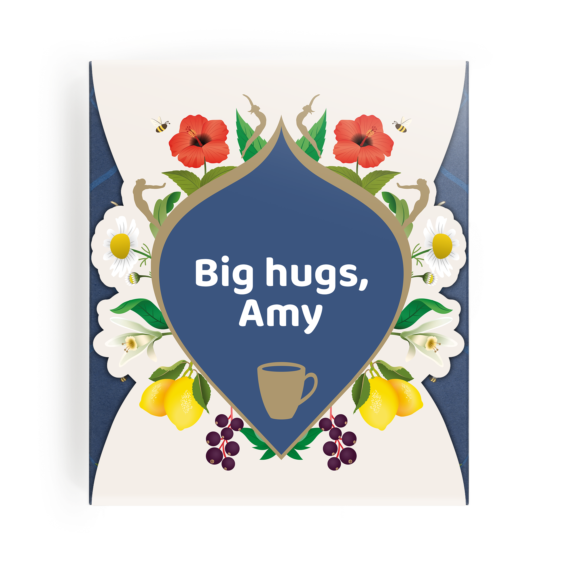 Ciepła filiżanka z ich imieniem: Zestaw herbat Pukka z nadrukowaną wiadomością "Big hugs, Amy" i motywami kwiatowymi