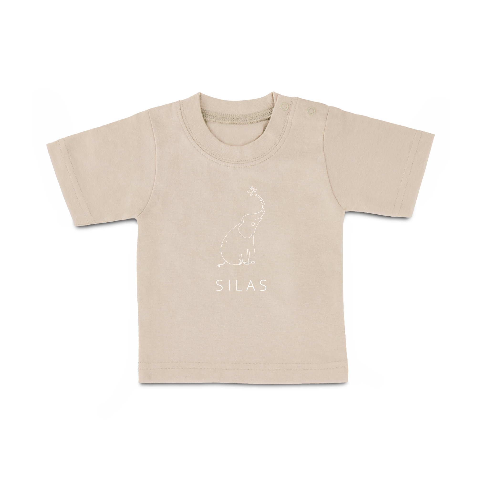 Beiges Baby T-Shirt mit Namen Silas und Elefantenmotiv bedruckt