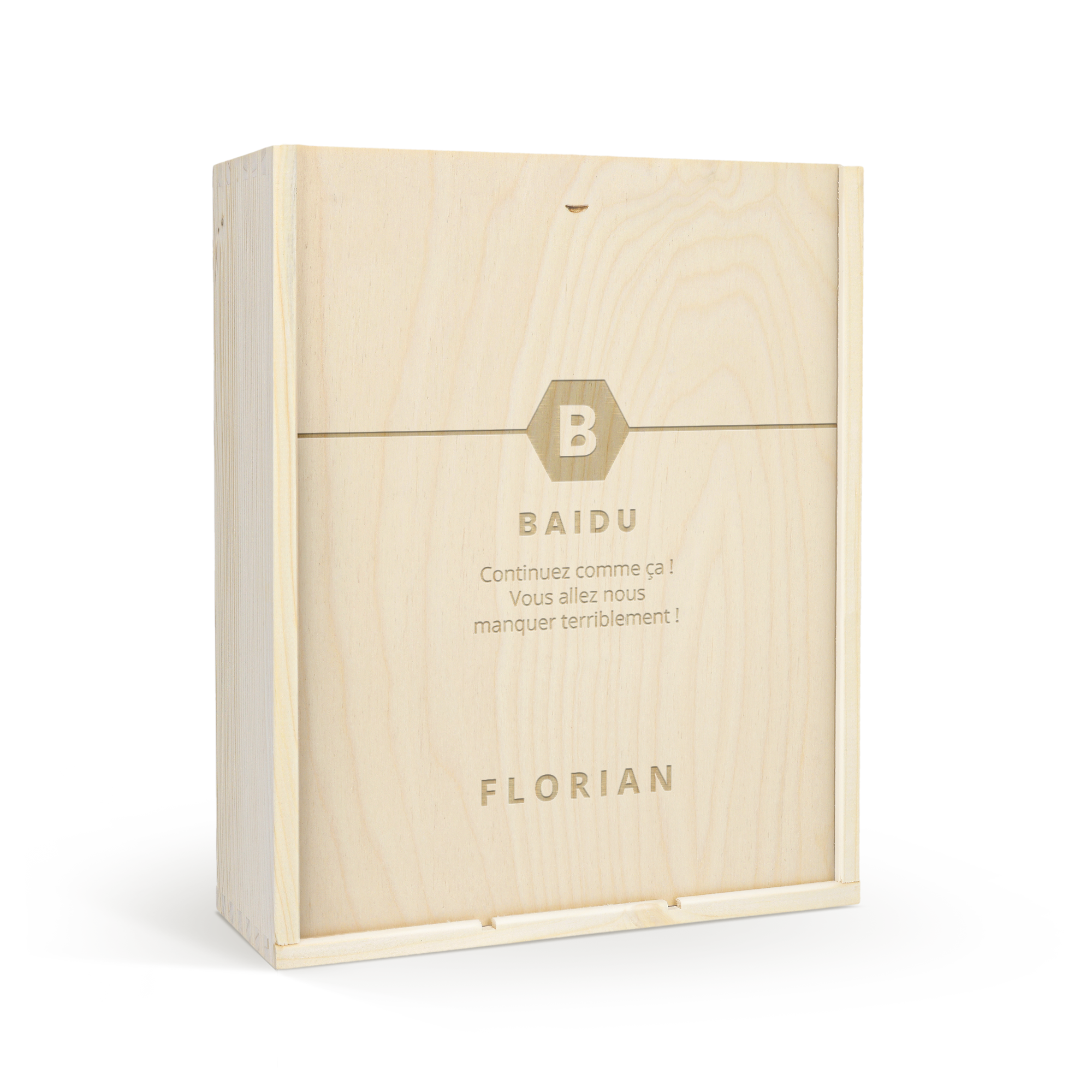 Caisse à vin de luxe personnalisée en bois clair gravée d'un design B Baidu et du nom Florian