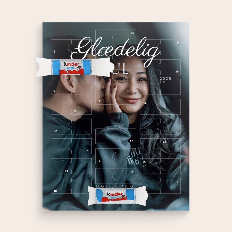 Personlig Kinder chokolade adventskalender Personlig Kinder chokolade adventskalender med printet foto af et par, teksten Glædelig Jul og Jeg elsker dig