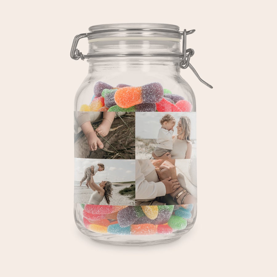 Barattolo di caramelle personalizzato Barattolo di dolciumi personalizzato con bastoncini aspri e foto stampate di famiglia