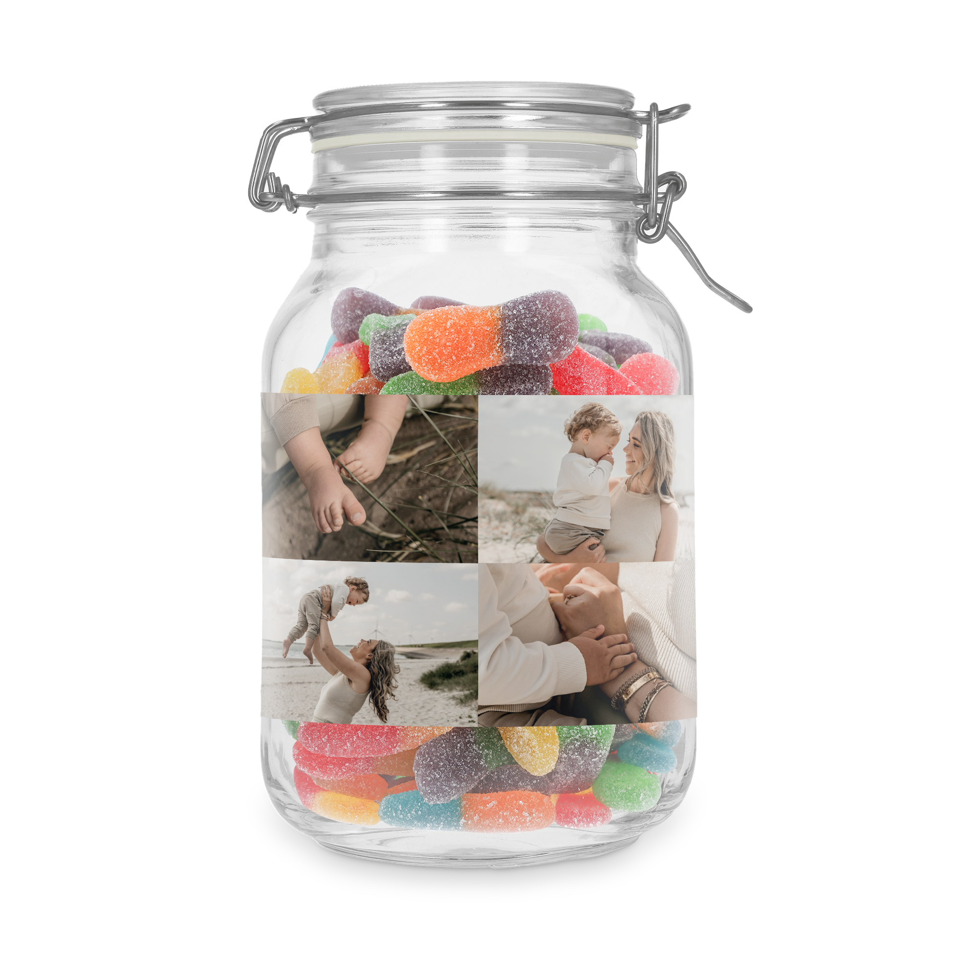 Borcan dulci personalizat cu bastoane acrișoare și colaj foto imprimat.